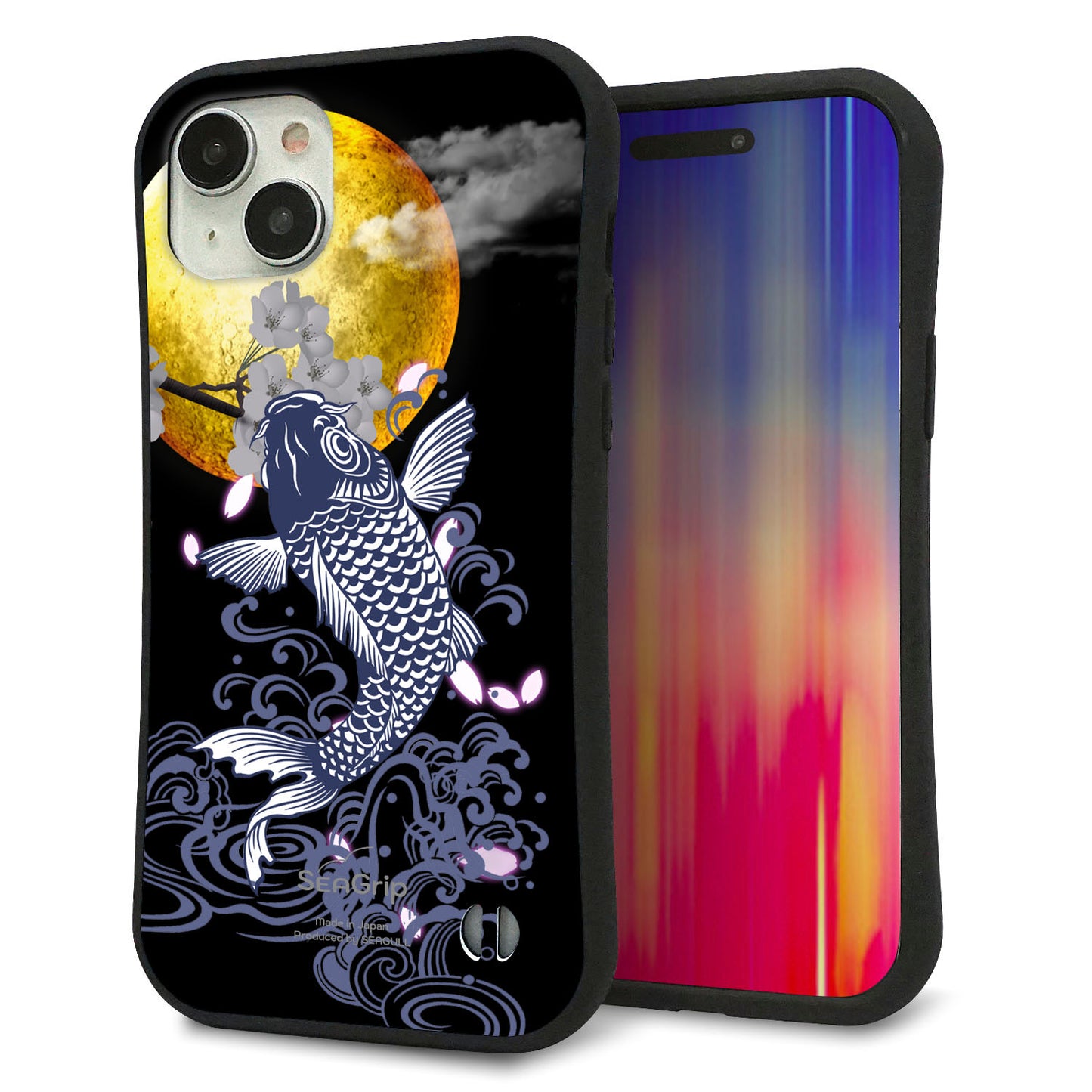 iPhone 15 Plus スマホケース 「SEA Grip」 グリップケース Sライン 【1030 月と鯉】 UV印刷