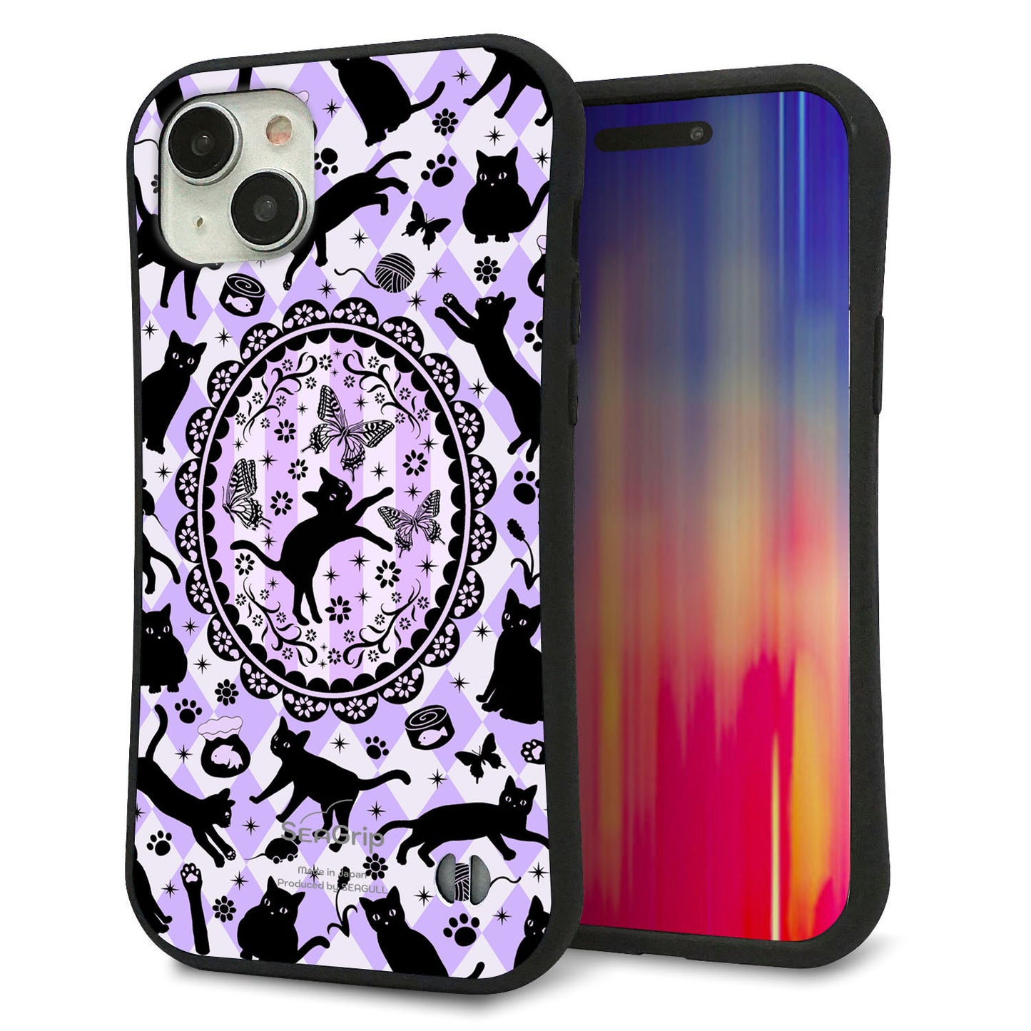 iPhone 15 Plus スマホケース 「SEA Grip」 グリップケース Sライン 【AG879 ネコがいっぱいダイヤ柄 パープル】 UV印刷