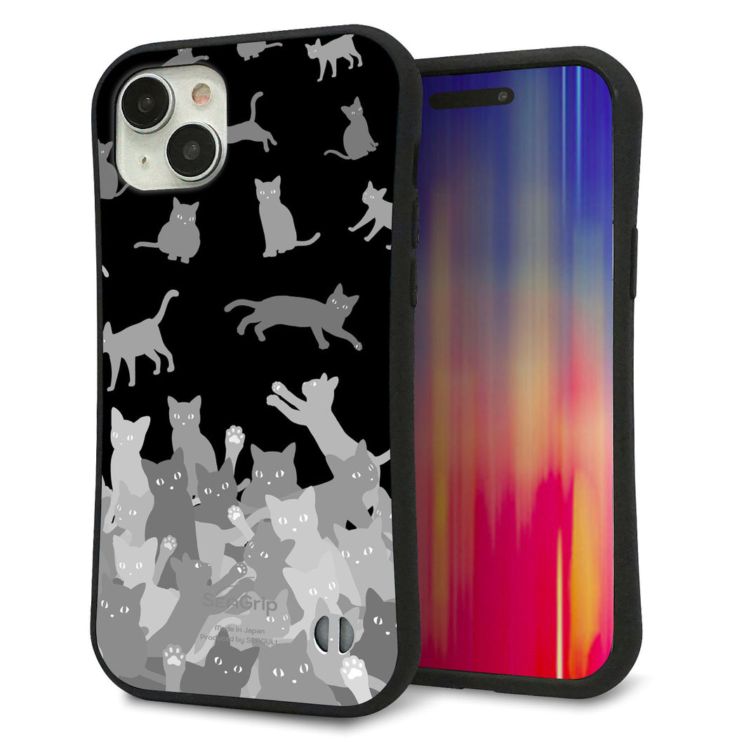 iPhone 15 Plus スマホケース 「SEA Grip」 グリップケース Sライン 【AG887 ネコ積もり 黒】 UV印刷