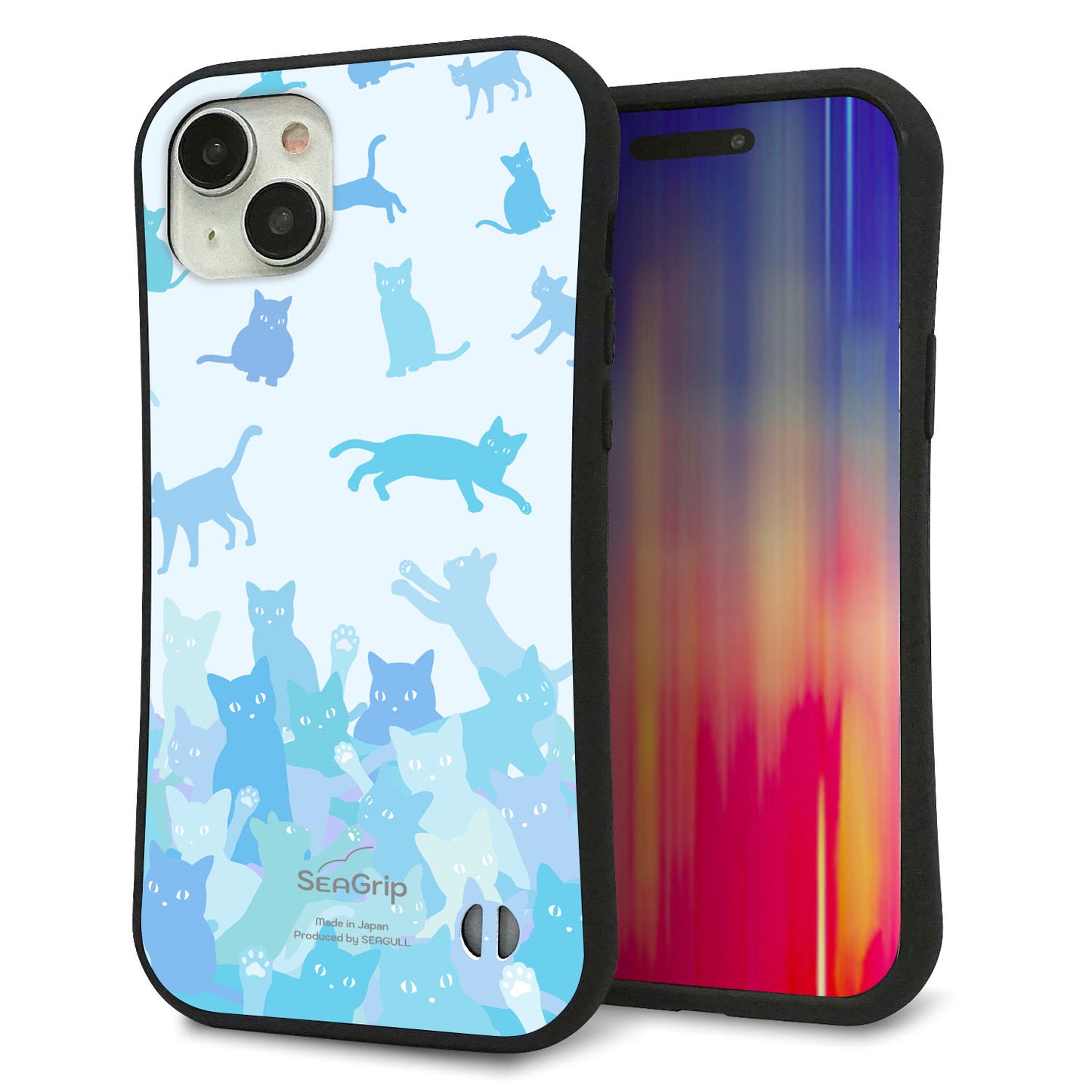 iPhone 15 Plus スマホケース 「SEA Grip」 グリップケース Sライン 【AG888 ネコ積もり 水色】 UV印刷