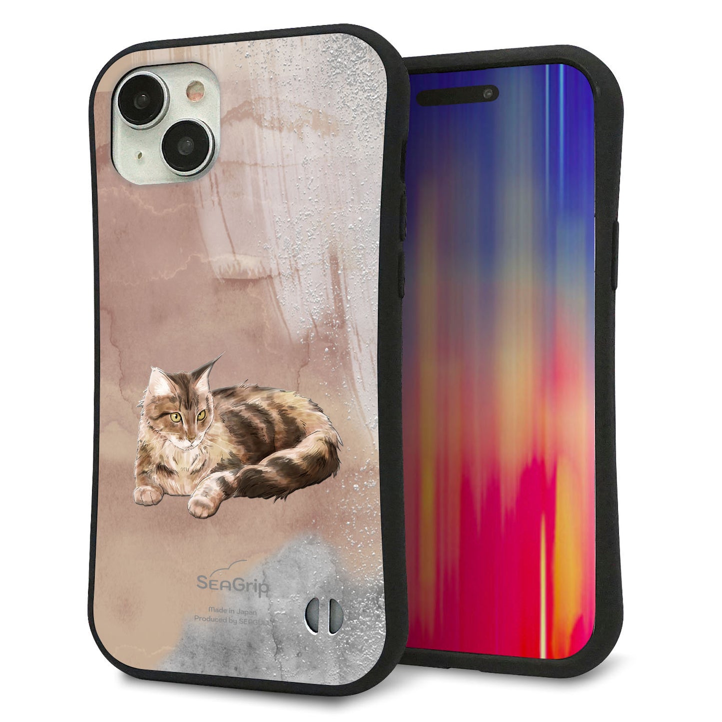 iPhone 15 Plus スマホケース 「SEA Grip」 グリップケース Sライン 【HA173 メインクーン+くすみカラー】 UV印刷