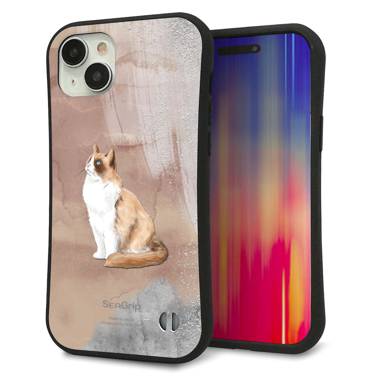 iPhone 15 Plus スマホケース 「SEA Grip」 グリップケース Sライン 【HA174 ラグドール+くすみカラー】 UV印刷