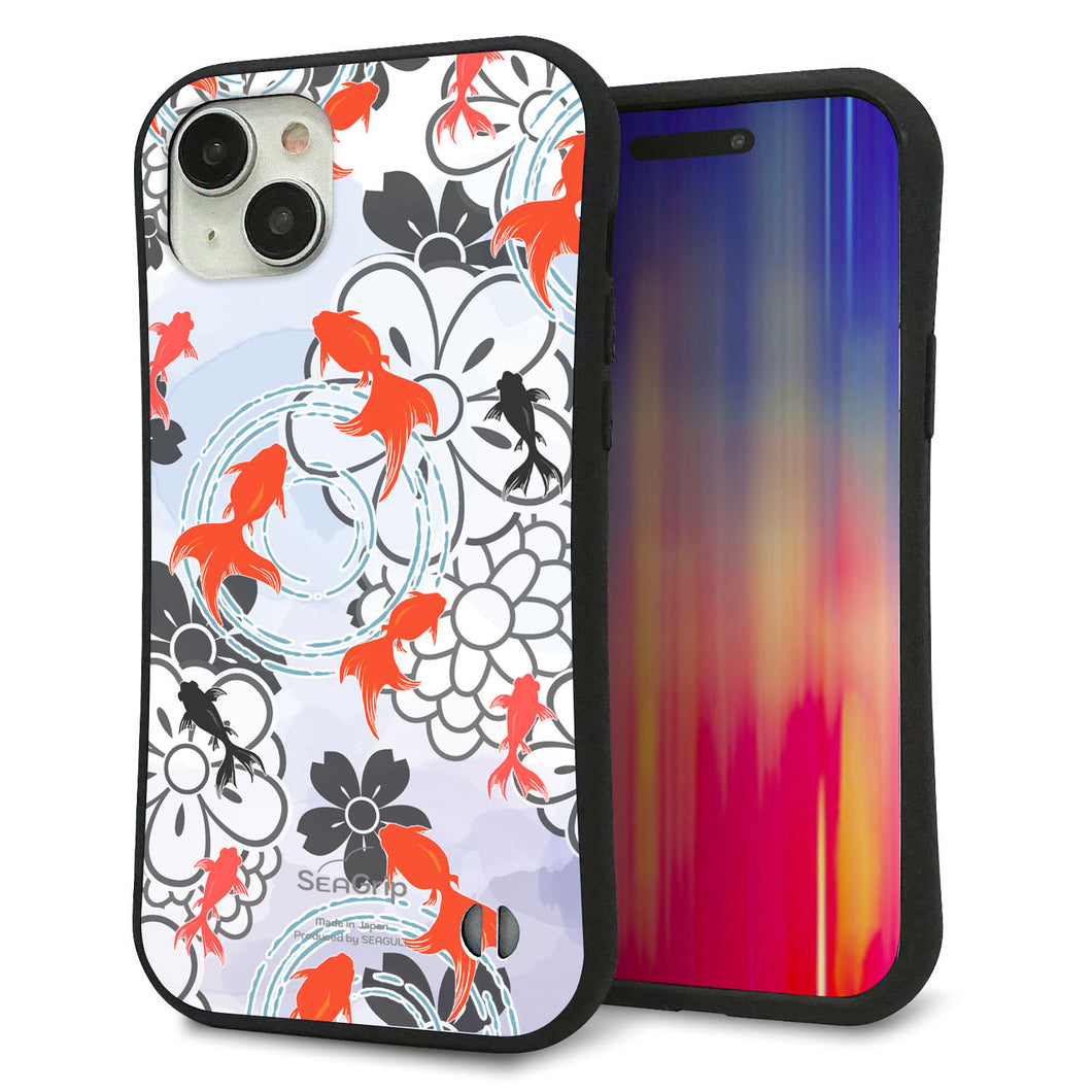 iPhone 15 Plus スマホケース 「SEA Grip」 グリップケース Sライン 【HA216 金魚 花柄 グレー 】 UV印刷