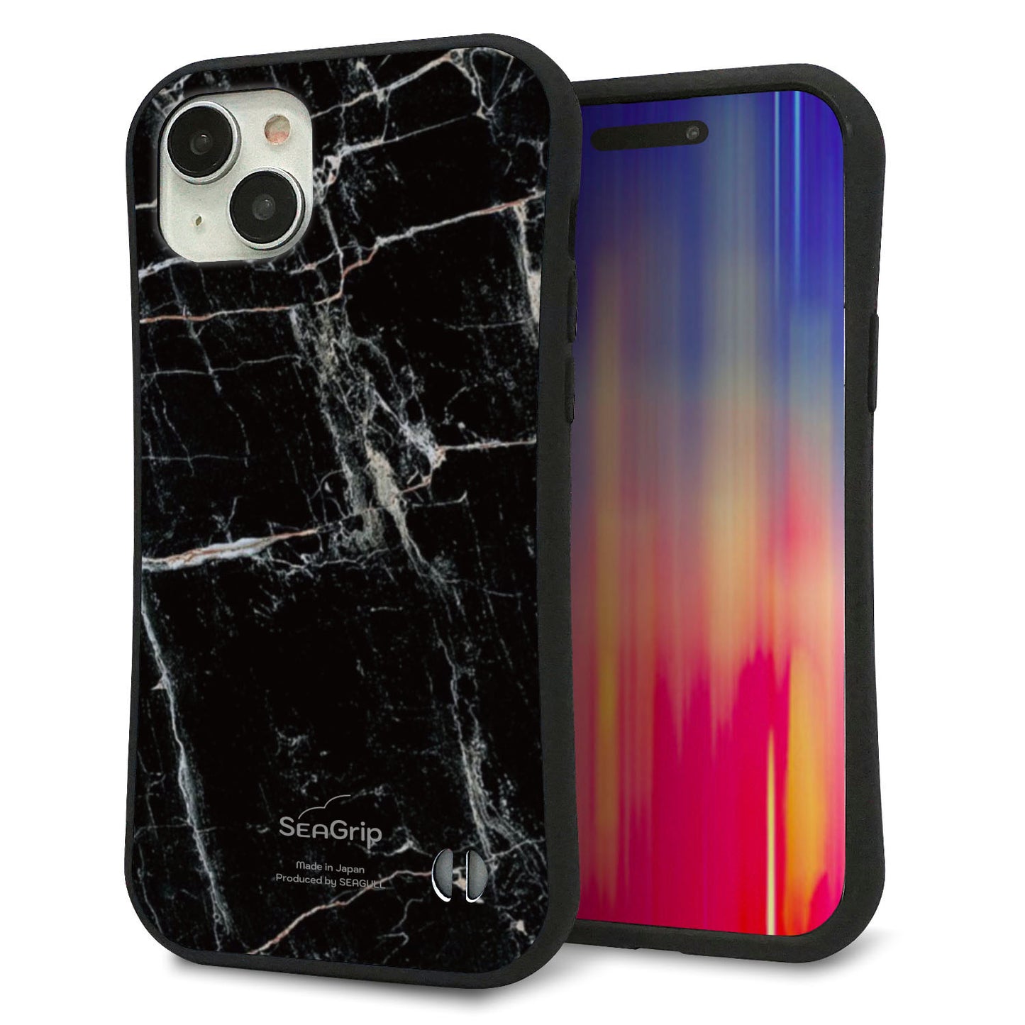 iPhone 15 Plus スマホケース 「SEA Grip」 グリップケース Sライン 【KM867 大理石BK】 UV印刷