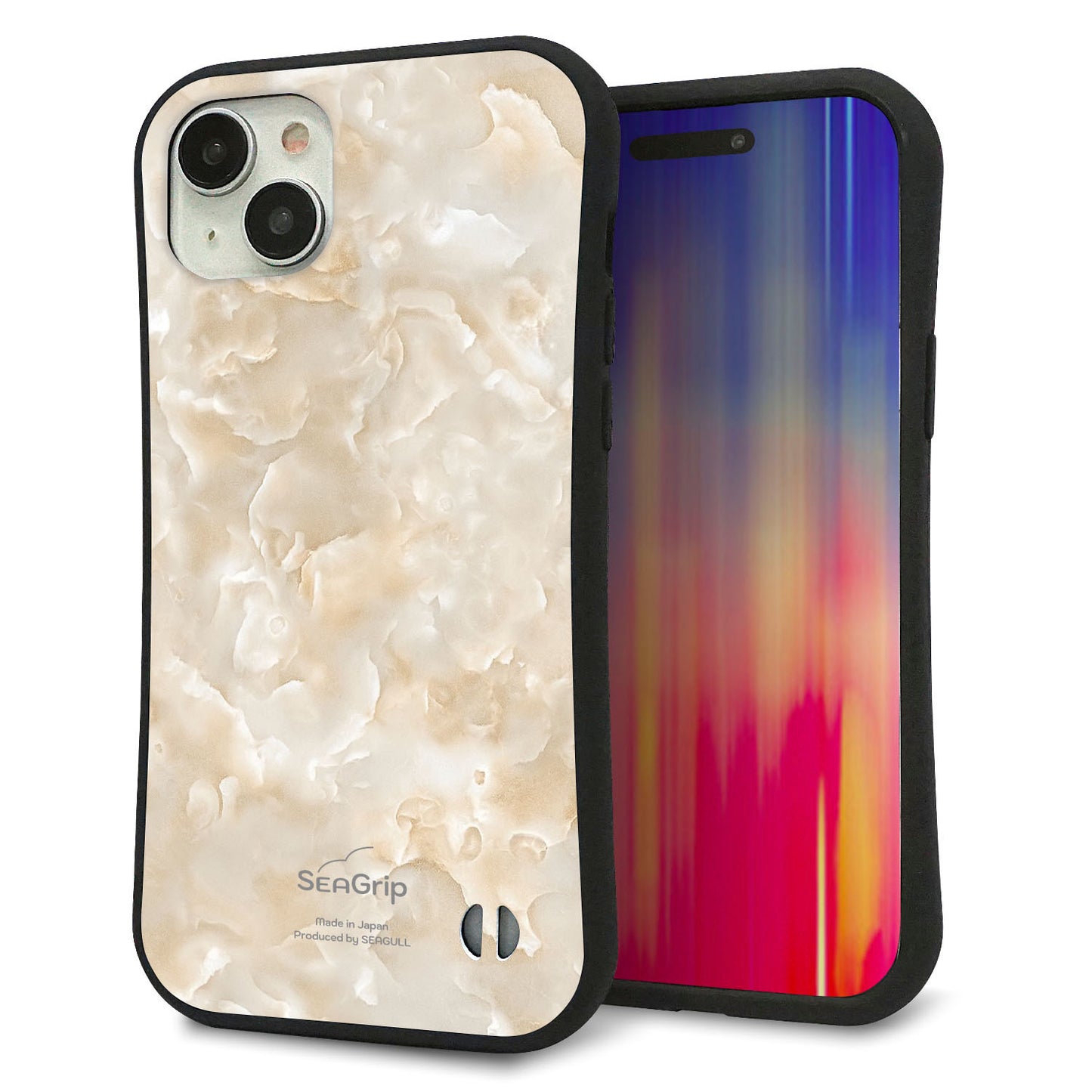 iPhone 15 Plus スマホケース 「SEA Grip」 グリップケース Sライン 【KM872 大理石パール】 UV印刷