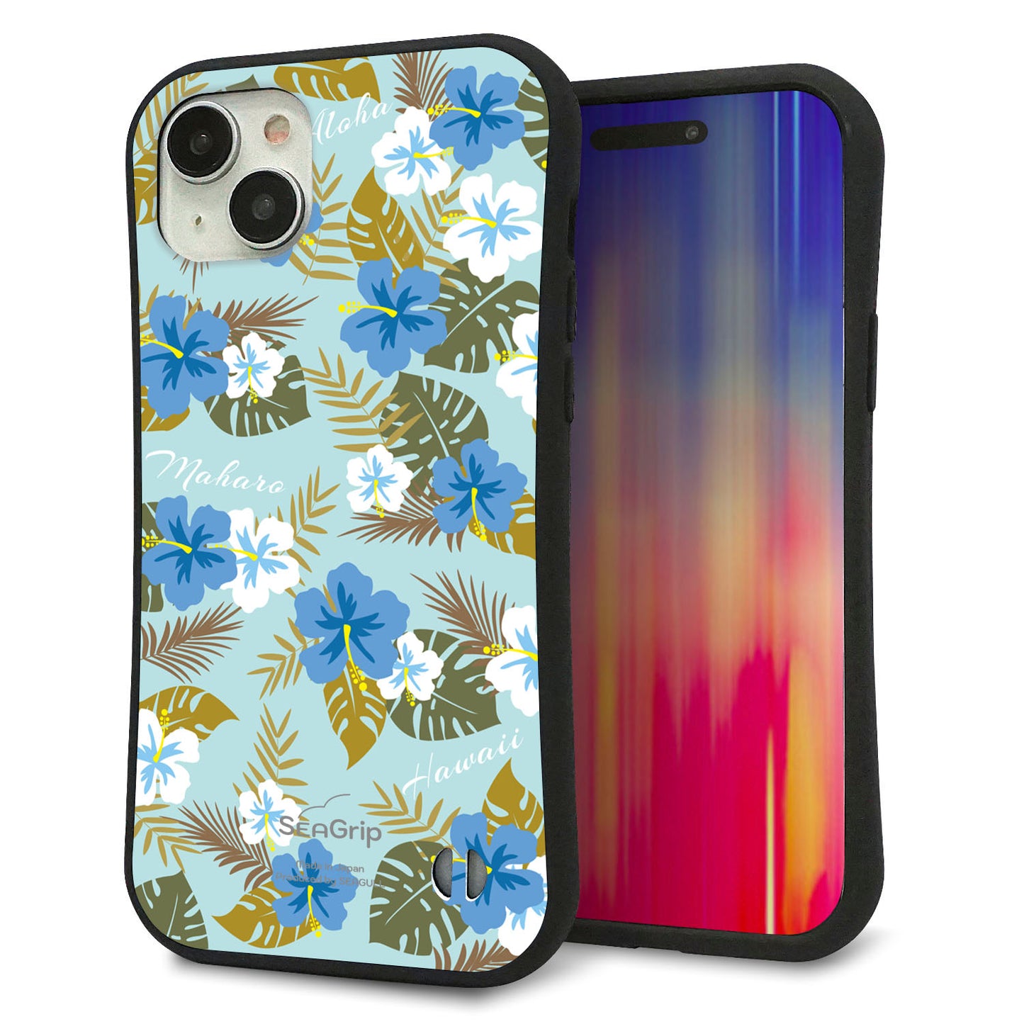iPhone 15 Plus スマホケース 「SEA Grip」 グリップケース Sライン 【SC883 ハワイアンアロハレトロ（ブルー）】 UV印刷