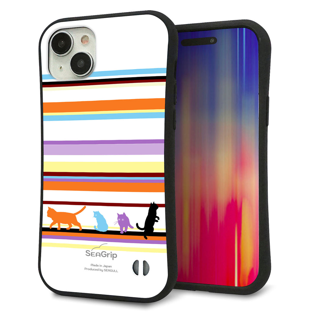iPhone 15 Plus スマホケース 「SEA Grip」 グリップケース Sライン 【YA887 ストライプネコ01】 UV印刷