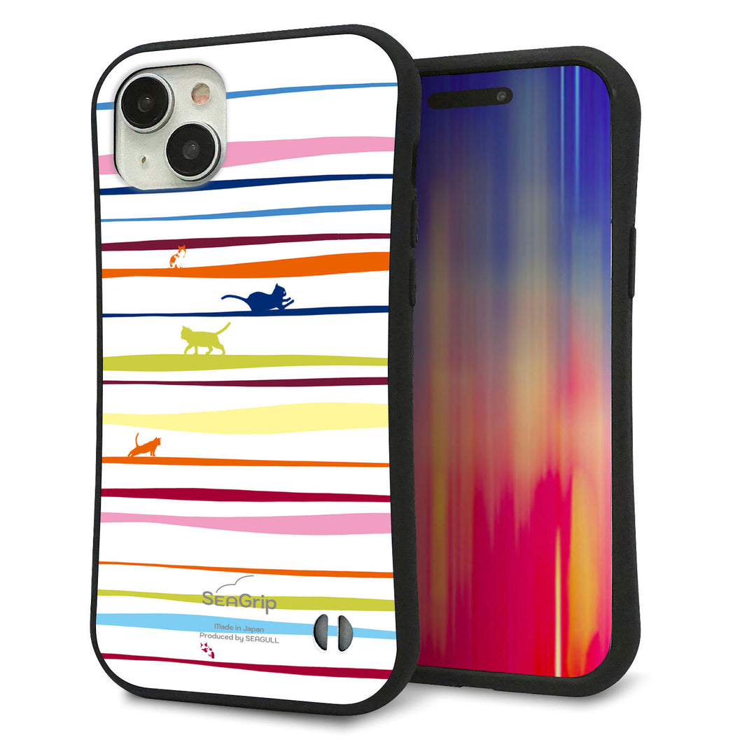 iPhone 15 Plus スマホケース 「SEA Grip」 グリップケース Sライン 【YA893 ストライプネコ02 L】 UV印刷
