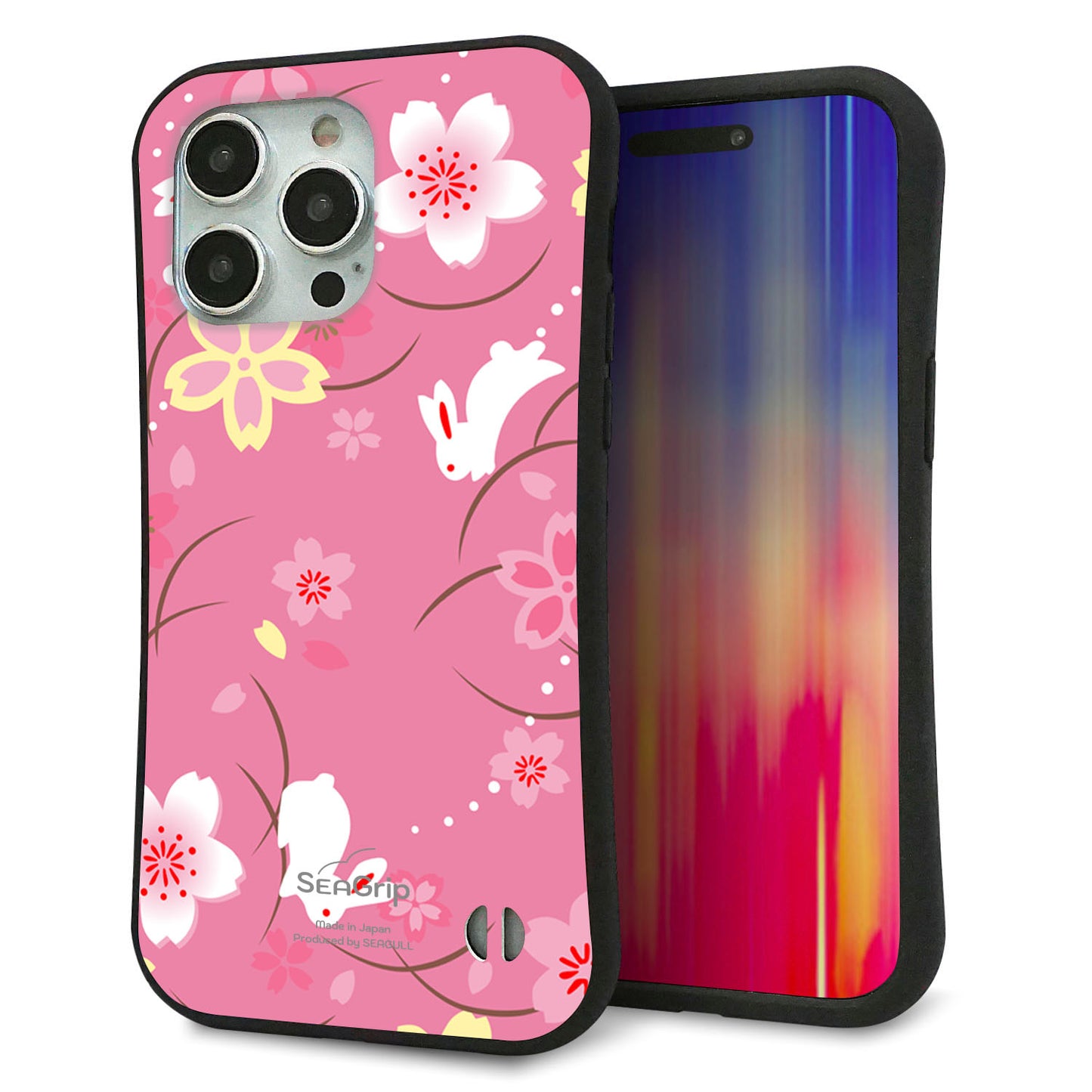 iPhone 15 Pro Max スマホケース 「SEA Grip」 グリップケース Sライン 【149 桜と白うさぎ】 UV印刷
