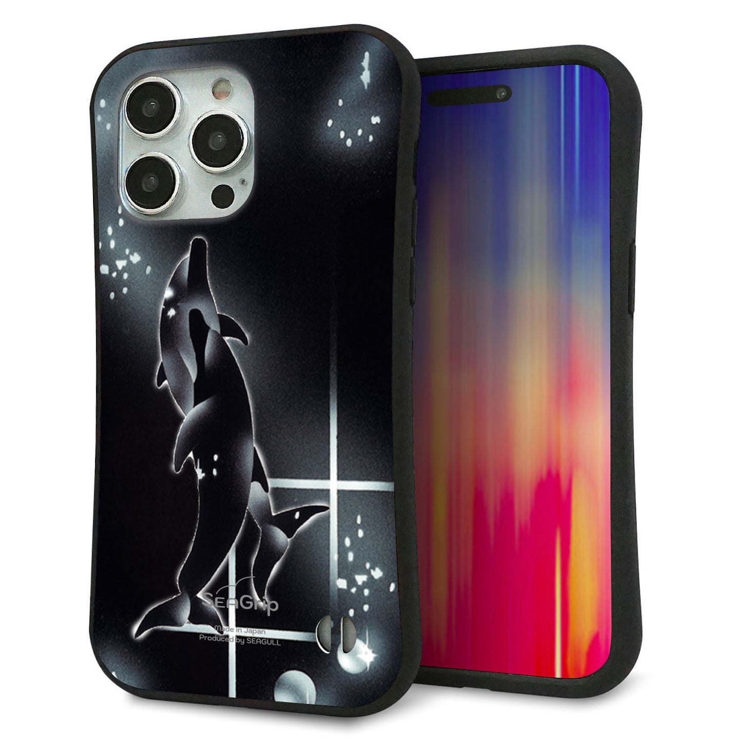 iPhone 15 Pro Max スマホケース 「SEA Grip」 グリップケース Sライン 【158 ブラックドルフィン】 UV印刷