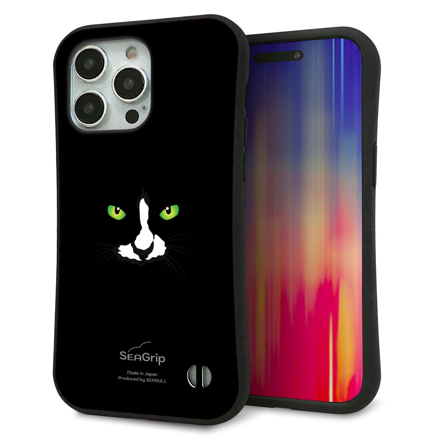 iPhone 15 Pro Max スマホケース 「SEA Grip」 グリップケース Sライン 【398 黒ネコ】 UV印刷