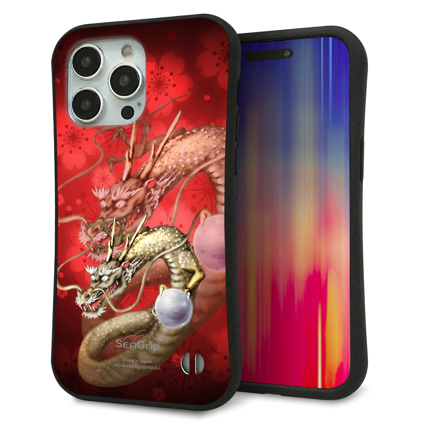 iPhone 15 Pro Max スマホケース 「SEA Grip」 グリップケース Sライン 【1004 桜と龍】 UV印刷