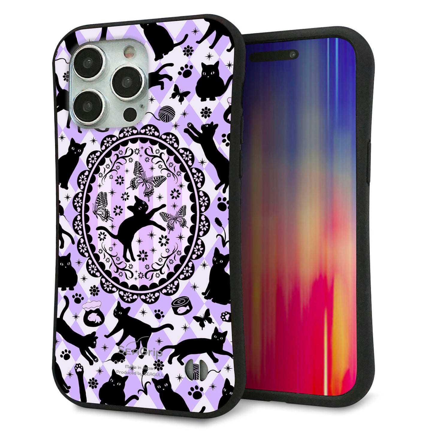 iPhone 15 Pro Max スマホケース 「SEA Grip」 グリップケース Sライン 【AG879 ネコがいっぱいダイヤ柄 パープル】 UV印刷