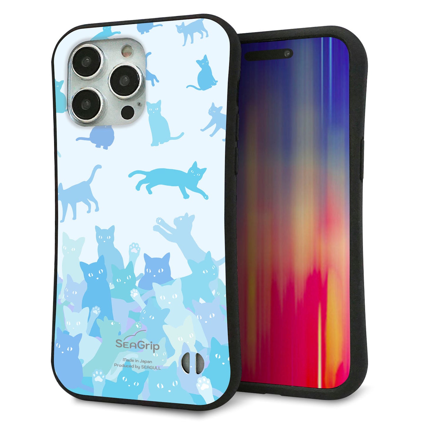 iPhone 15 Pro Max スマホケース 「SEA Grip」 グリップケース Sライン 【AG888 ネコ積もり 水色】 UV印刷