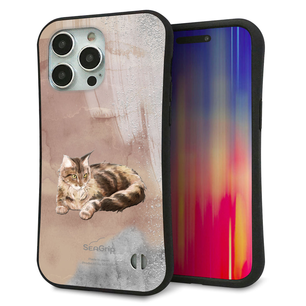 iPhone 15 Pro Max スマホケース 「SEA Grip」 グリップケース Sライン 【HA173 メインクーン+くすみカラー】 UV印刷