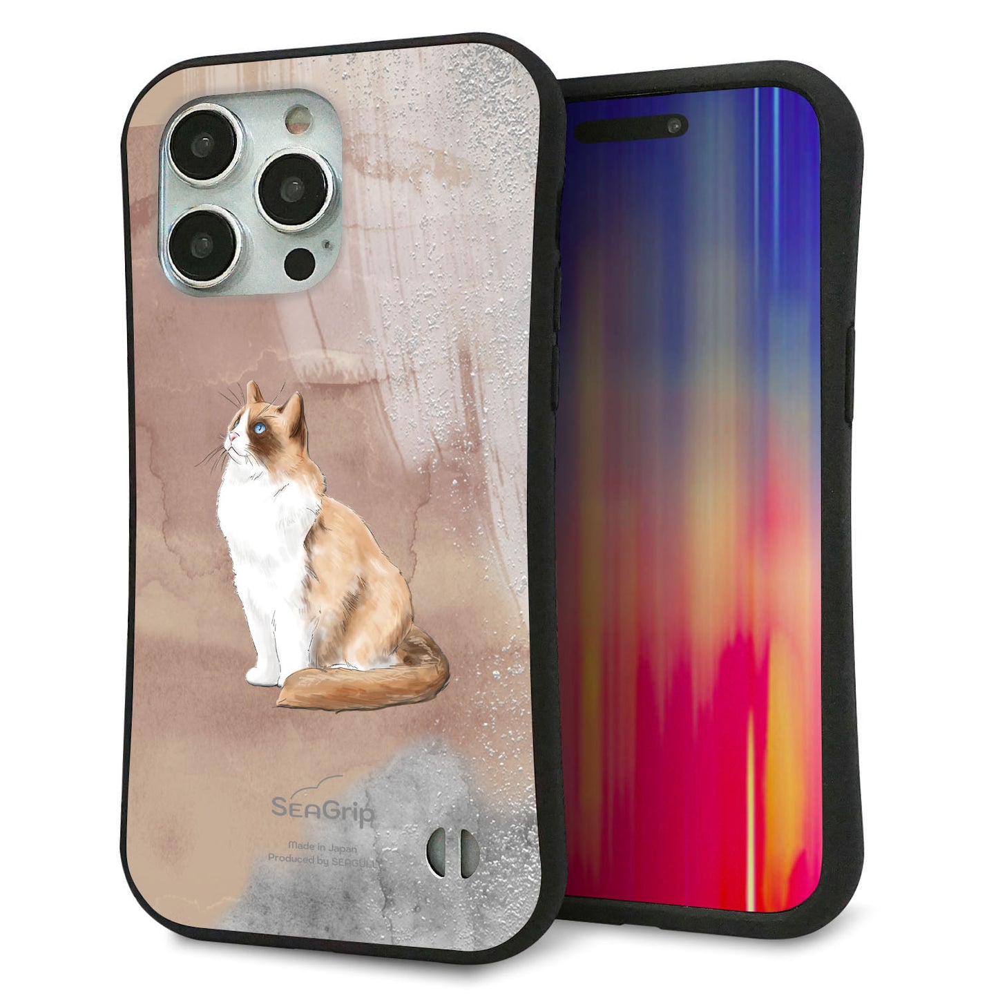iPhone 15 Pro Max スマホケース 「SEA Grip」 グリップケース Sライン 【HA174 ラグドール+くすみカラー】 UV印刷