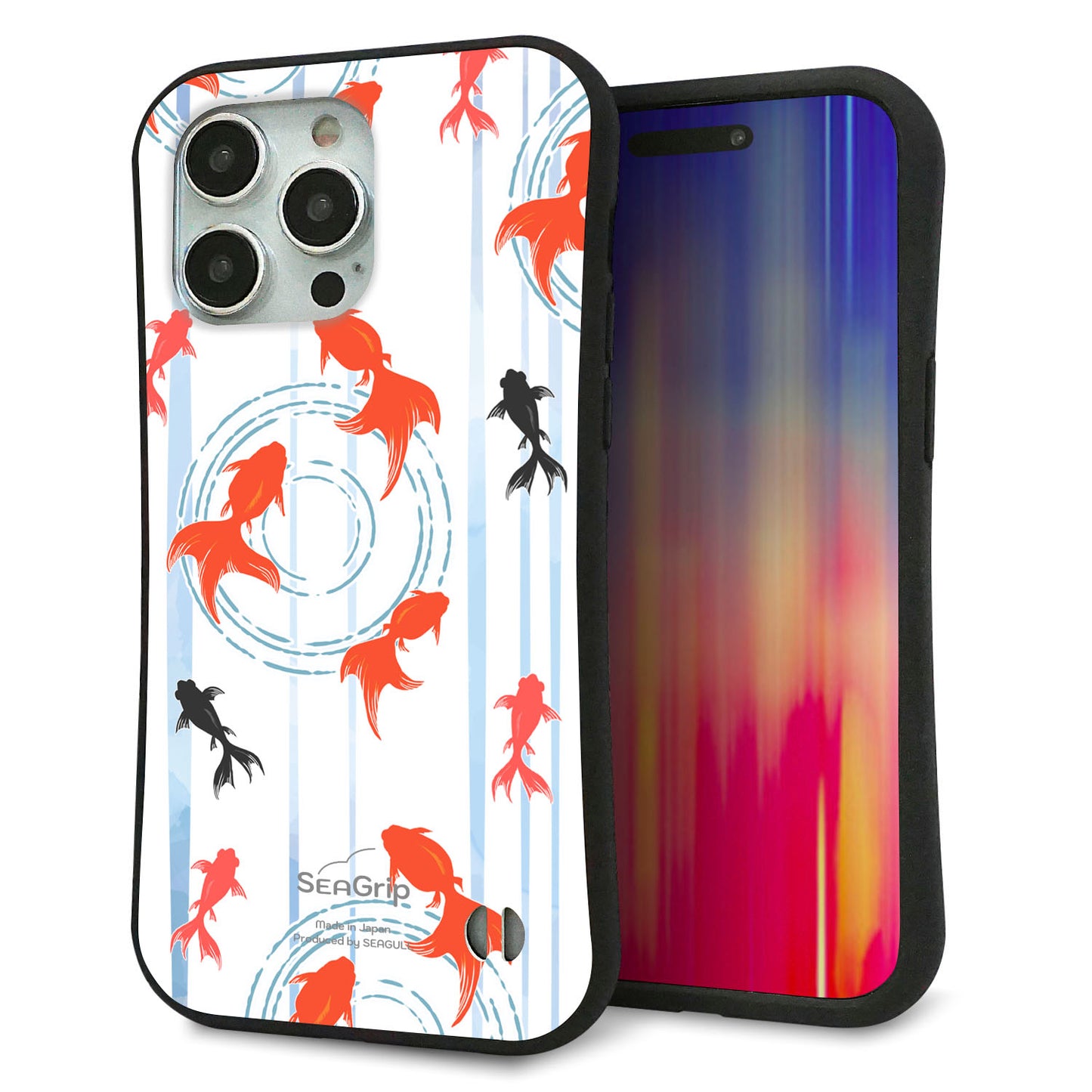 iPhone 15 Pro Max スマホケース 「SEA Grip」 グリップケース Sライン 【HA210 金魚 水彩ストライプ ブルー 】 UV印刷