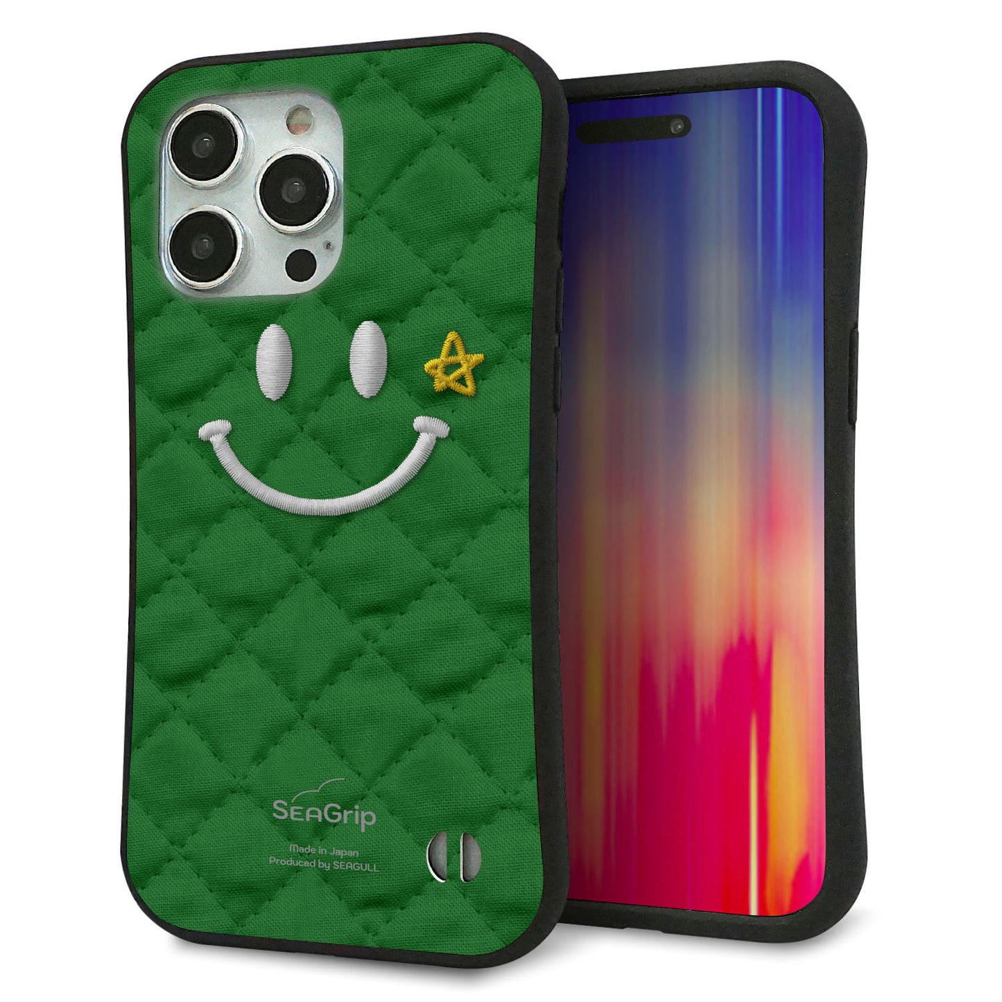 iPhone 15 Pro Max スマホケース 「SEA Grip」 グリップケース Sライン 【KM936 スマイル スター グリーン 】 UV印刷