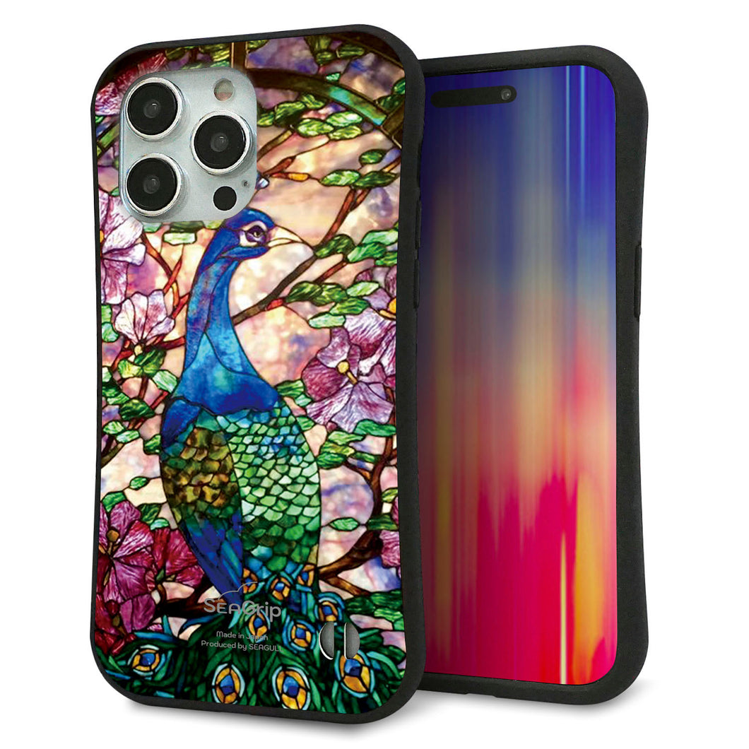 iPhone 15 Pro Max スマホケース 「SEA Grip」 グリップケース Sライン 【MA996 ステンドグラス クジャク】 UV印刷