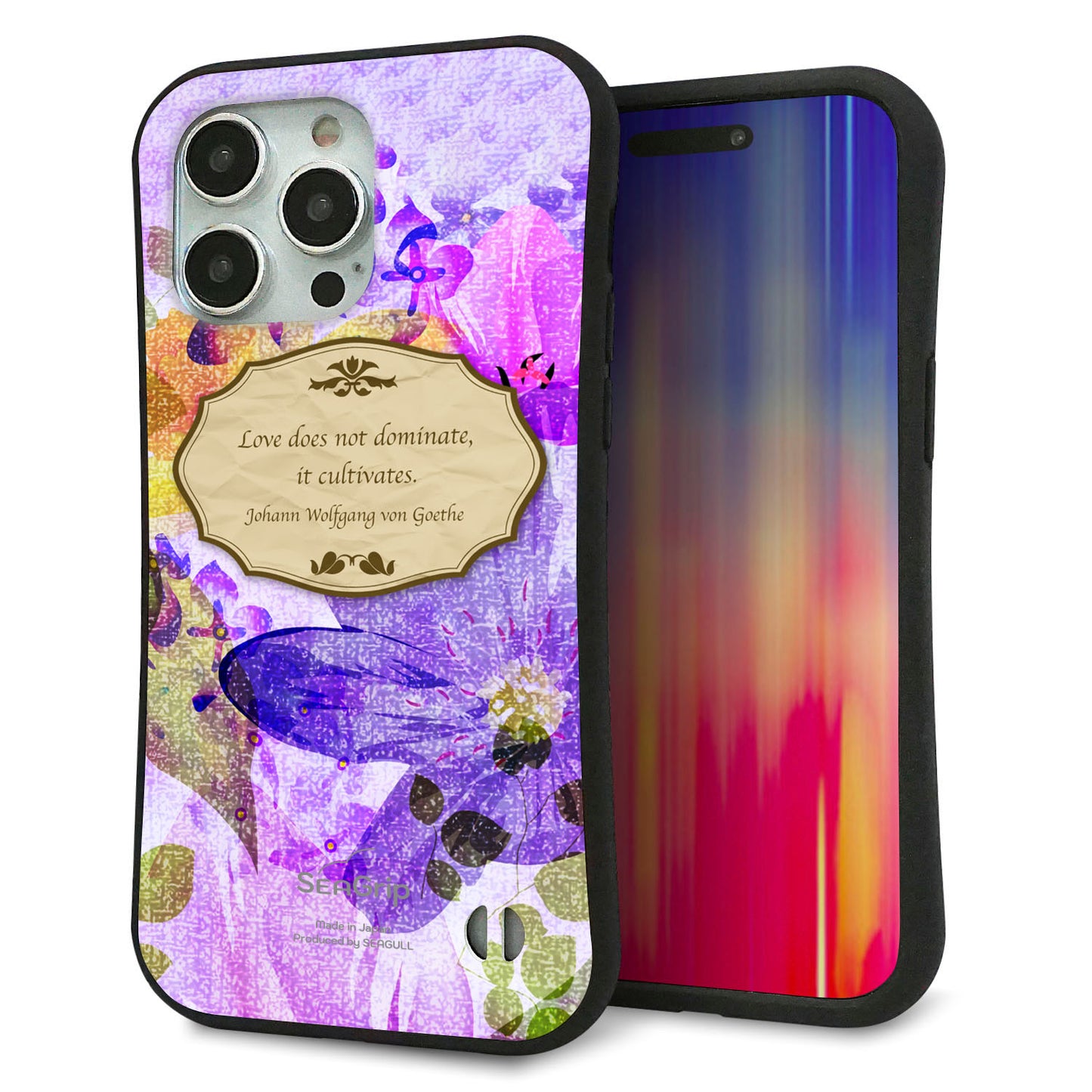 iPhone 15 Pro Max スマホケース 「SEA Grip」 グリップケース Sライン 【SC863 リバティプリント フラワーエンブレム（パープル）】 UV印刷