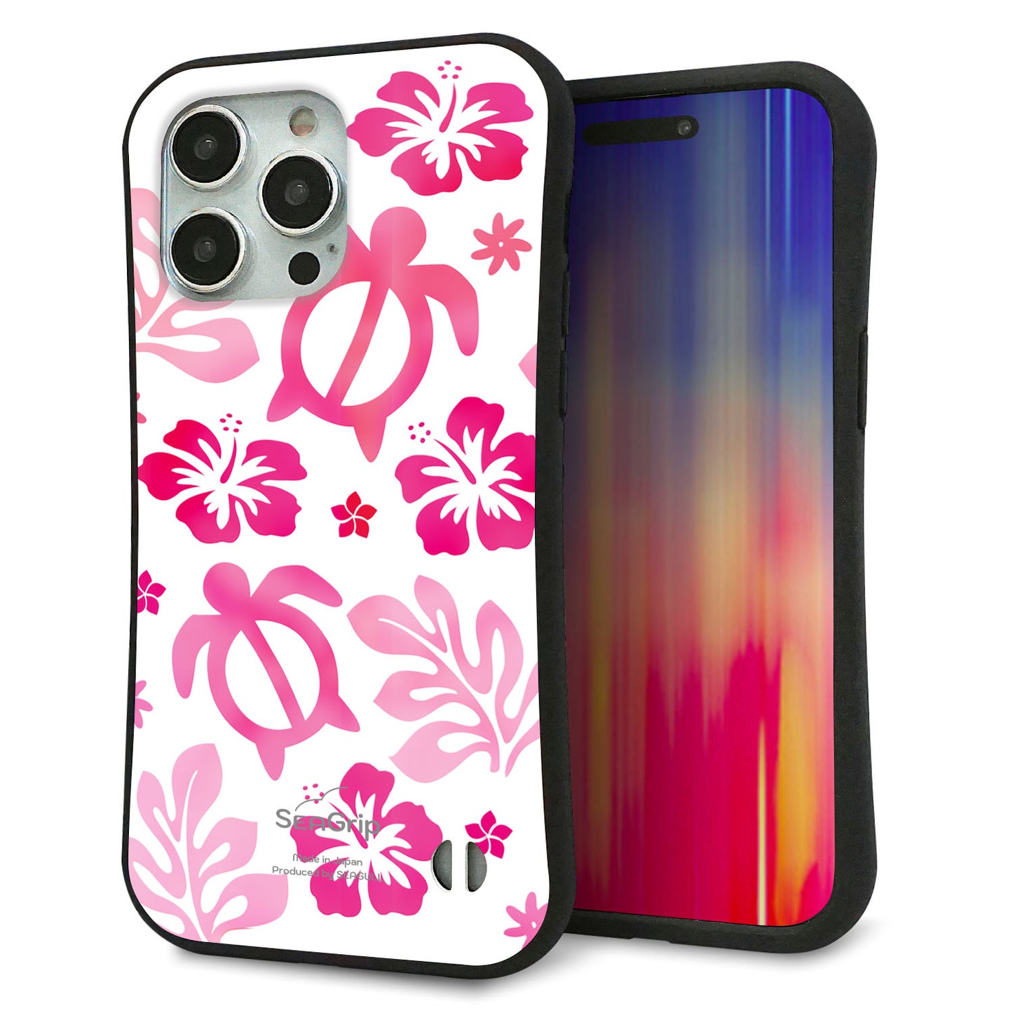 iPhone 15 Pro Max スマホケース 「SEA Grip」 グリップケース Sライン 【SC879 ハワイアンアロハホヌ（ピンク）】 UV印刷