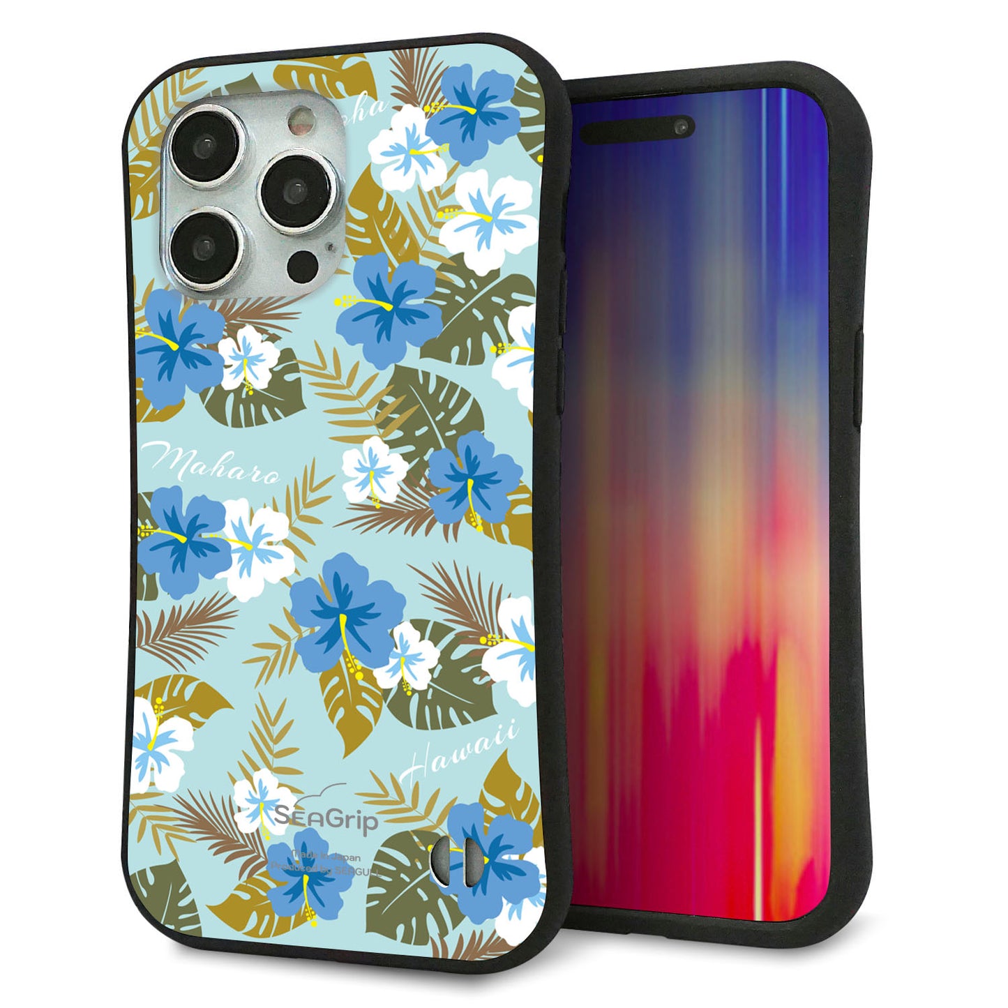 iPhone 15 Pro Max スマホケース 「SEA Grip」 グリップケース Sライン 【SC883 ハワイアンアロハレトロ（ブルー）】 UV印刷