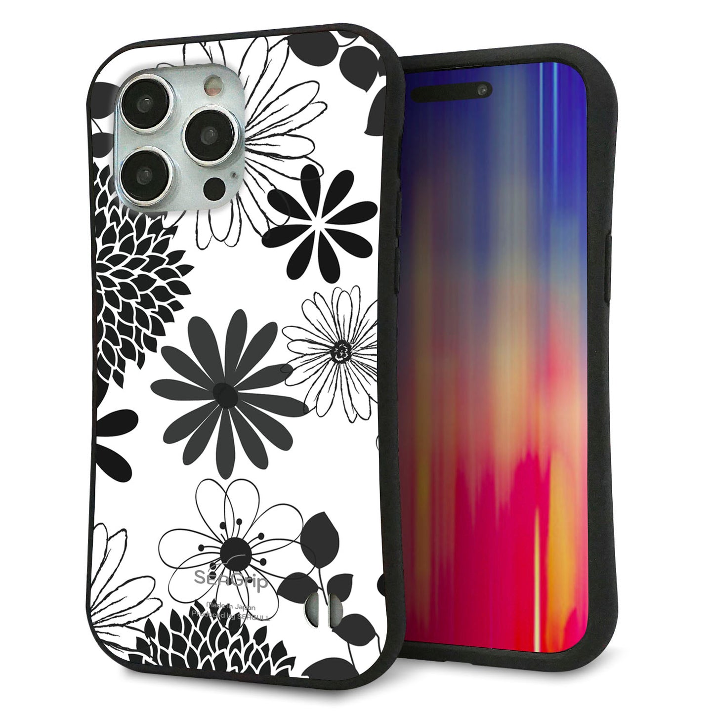 iPhone 15 Pro Max スマホケース 「SEA Grip」 グリップケース Sライン 【SC912 花柄モノトーン 01】 UV印刷