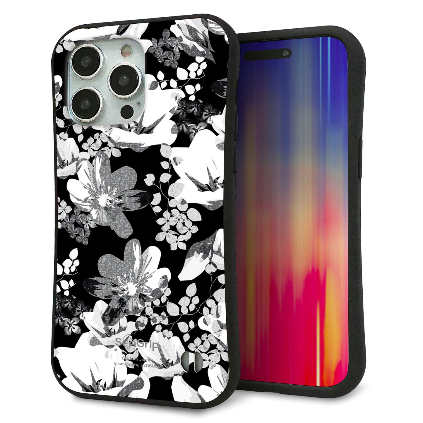 iPhone 15 Pro Max スマホケース 「SEA Grip」 グリップケース Sライン 【SC913 花柄モノトーン 02】 UV印刷