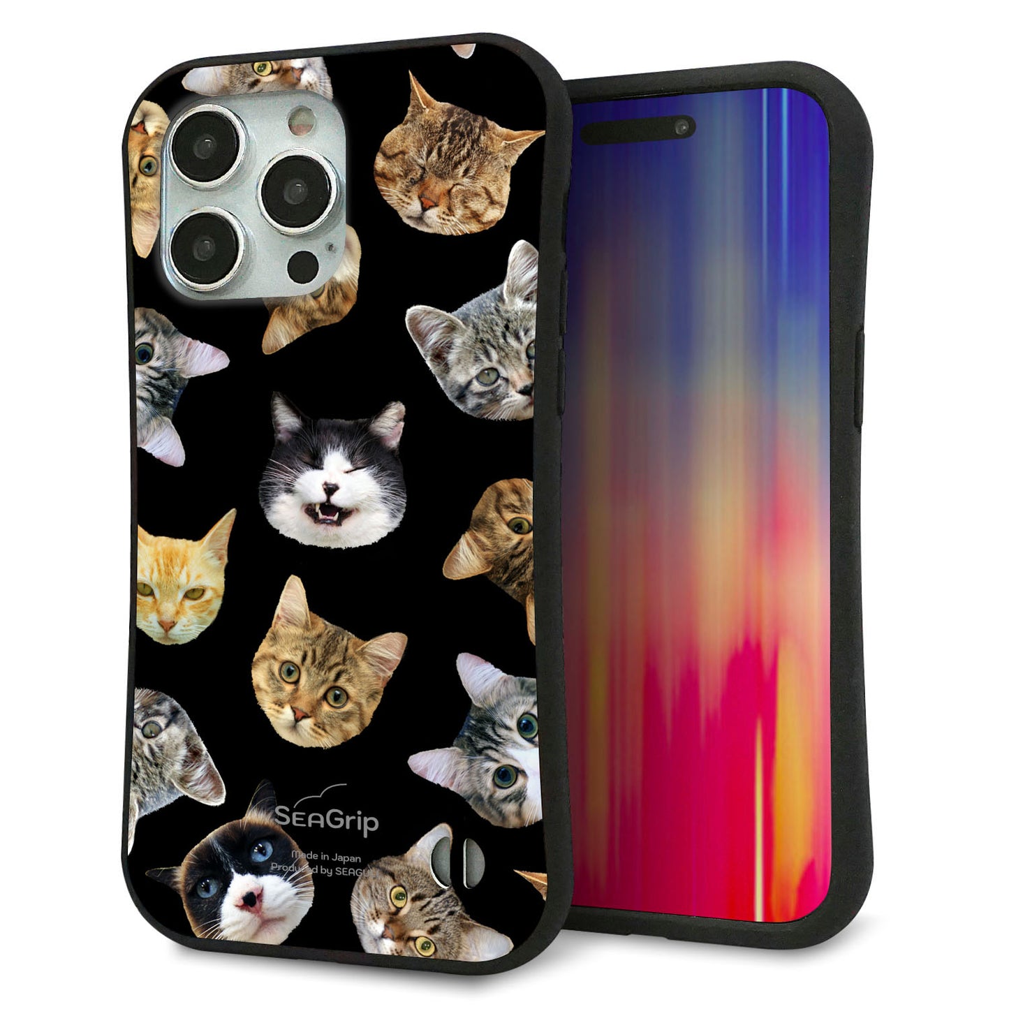 iPhone 15 Pro Max スマホケース 「SEA Grip」 グリップケース Sライン 【SC933 ねこどっと（ブラック）】 UV印刷