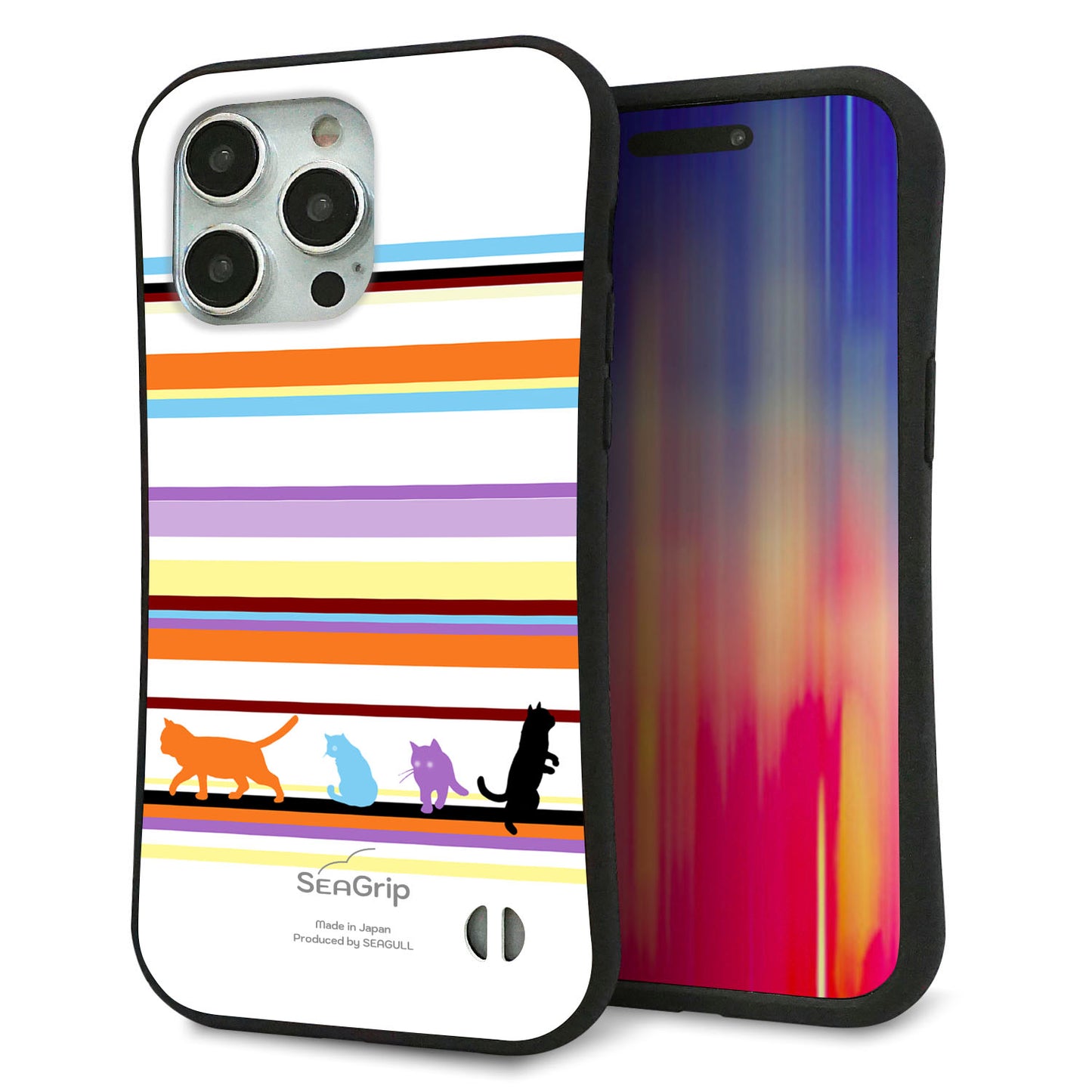 iPhone 15 Pro Max スマホケース 「SEA Grip」 グリップケース Sライン 【YA887 ストライプネコ01】 UV印刷