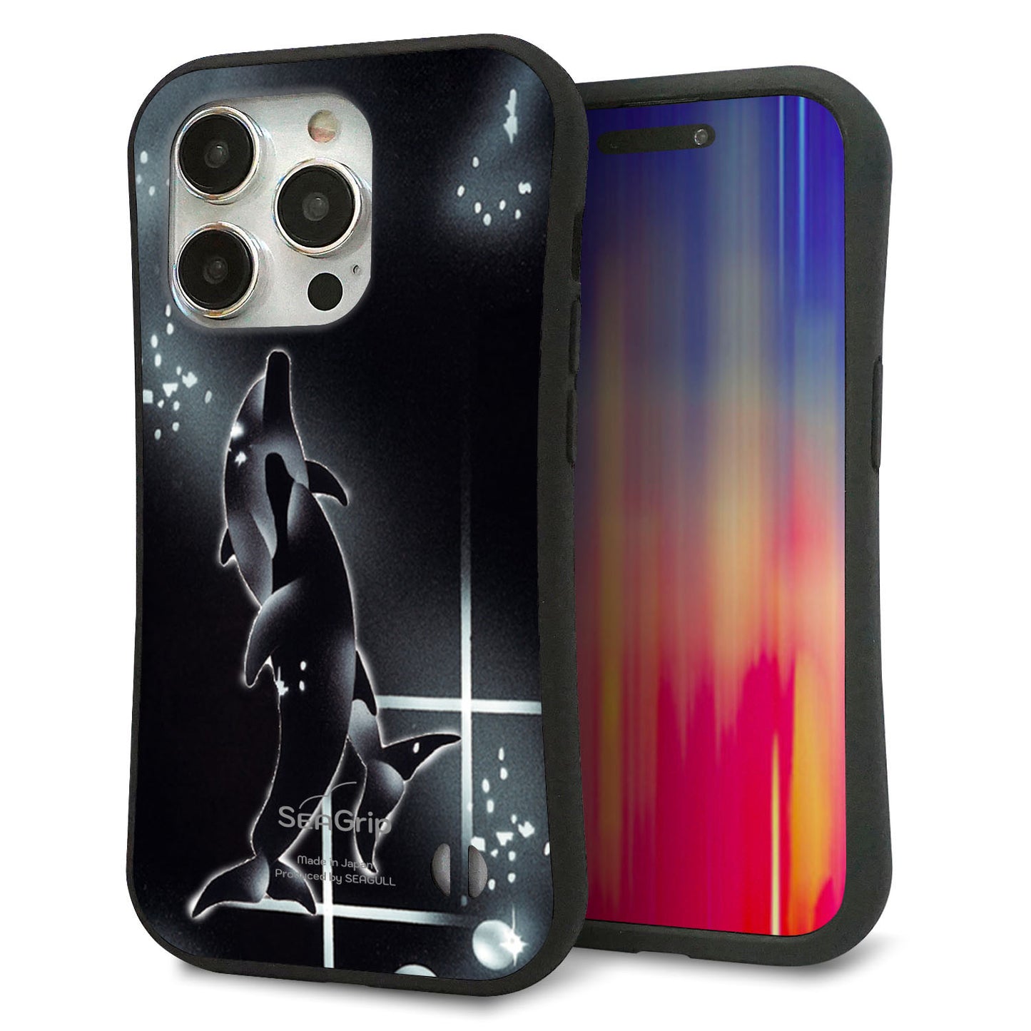 iPhone 15 Pro スマホケース 「SEA Grip」 グリップケース Sライン 【158 ブラックドルフィン】 UV印刷