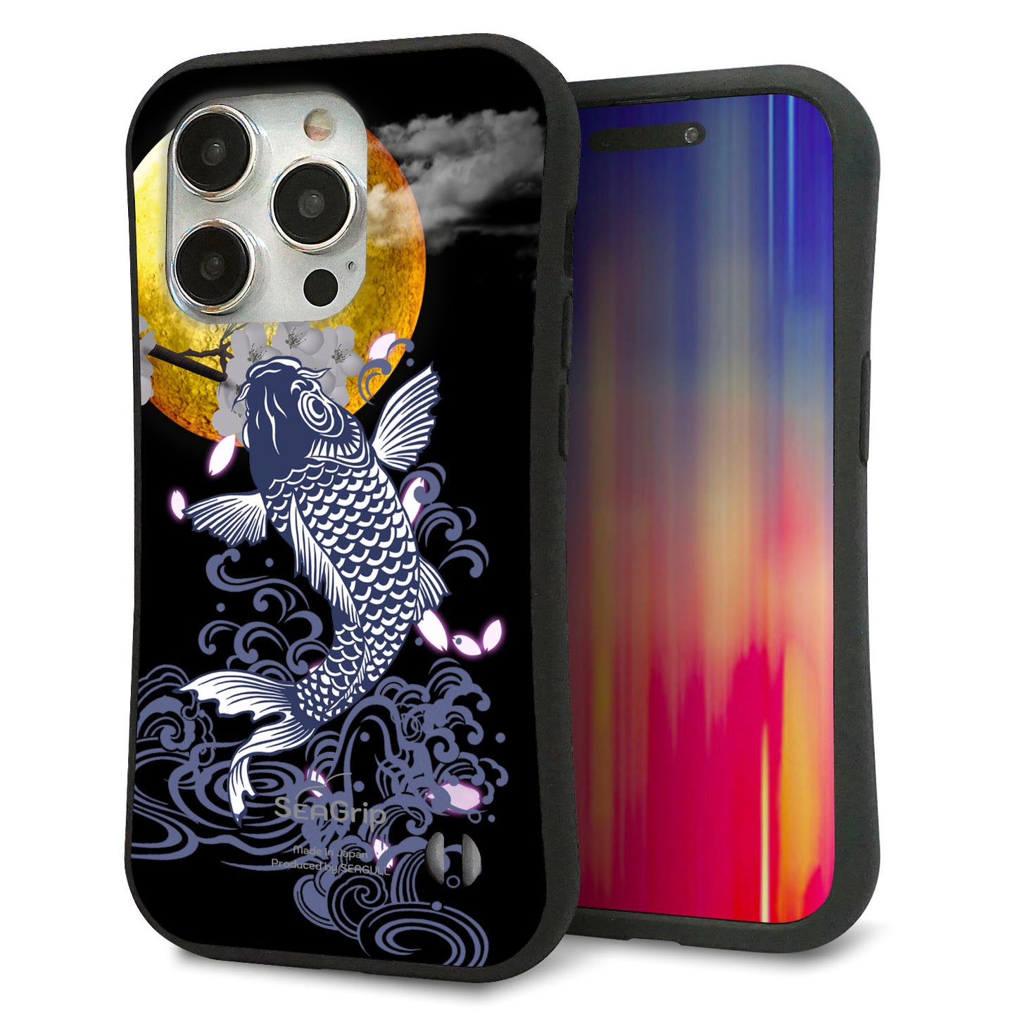 iPhone 15 Pro スマホケース 「SEA Grip」 グリップケース Sライン 【1030 月と鯉】 UV印刷