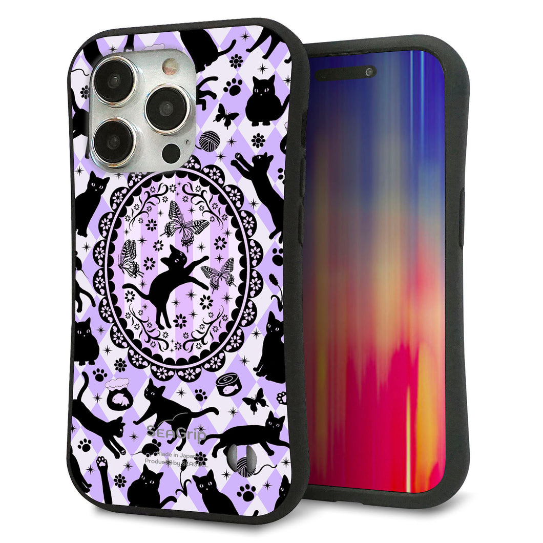 iPhone 15 Pro スマホケース 「SEA Grip」 グリップケース Sライン 【AG879 ネコがいっぱいダイヤ柄 パープル】 UV印刷