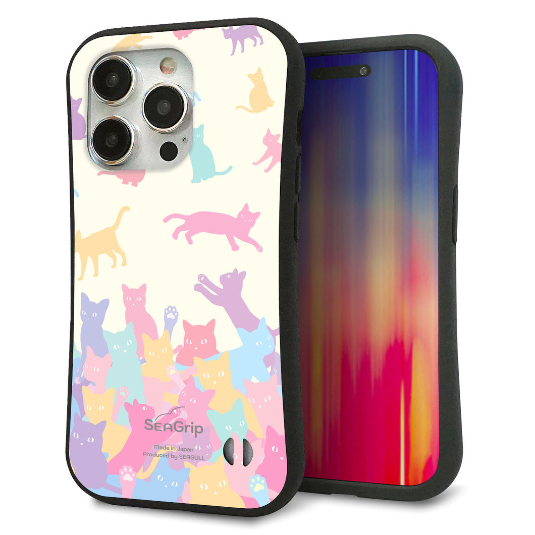 iPhone 15 Pro スマホケース 「SEA Grip」 グリップケース Sライン 【AG885 ネコ積もり マルチカラー】 UV印刷