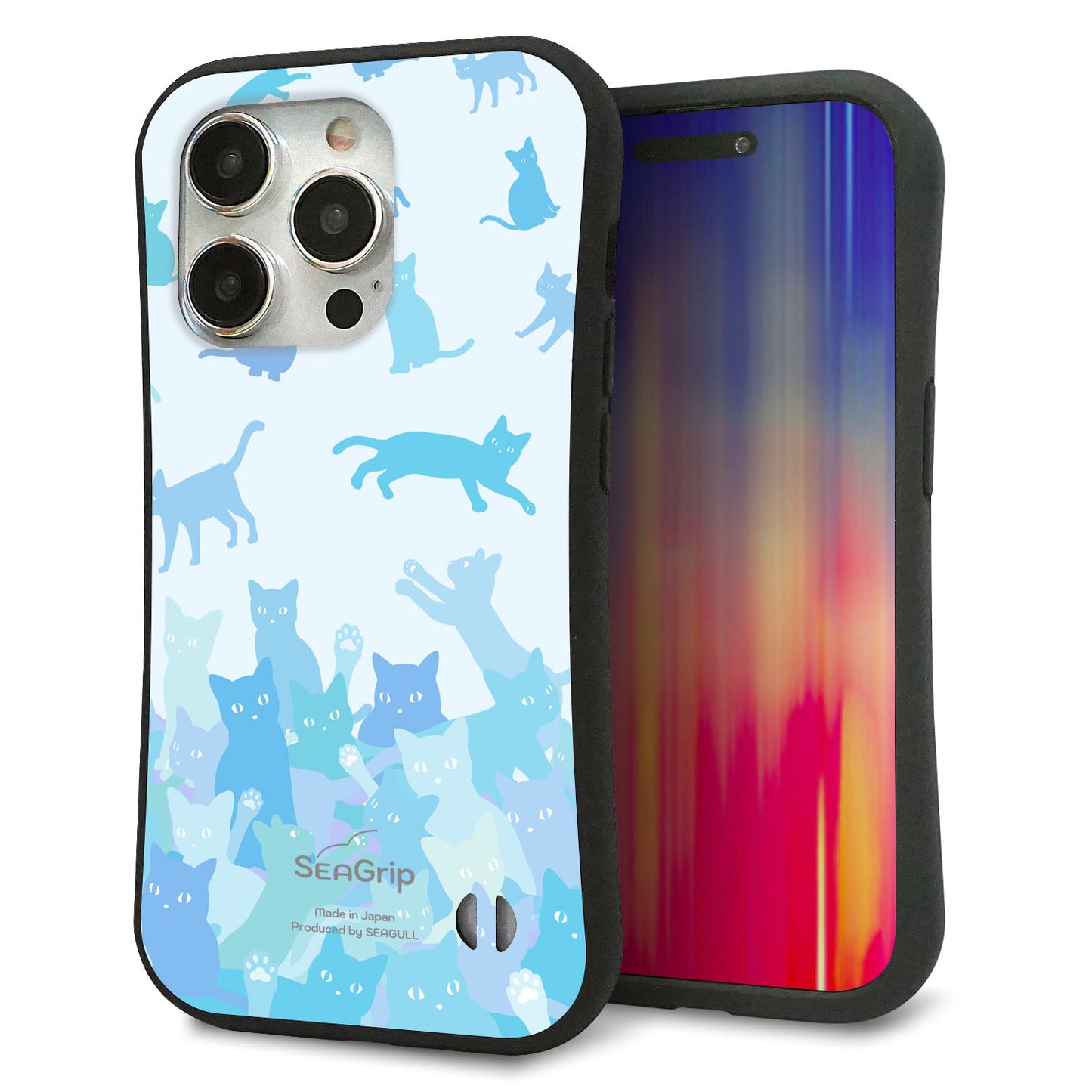 iPhone 15 Pro スマホケース 「SEA Grip」 グリップケース Sライン 【AG888 ネコ積もり 水色】 UV印刷