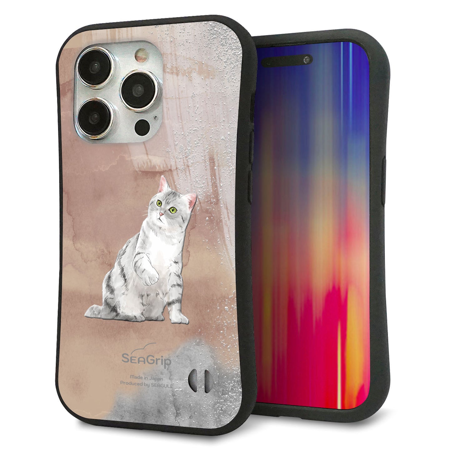 iPhone 15 Pro スマホケース 「SEA Grip」 グリップケース Sライン 【HA166 アメリカンショートヘア+くすみカラー】 UV印刷