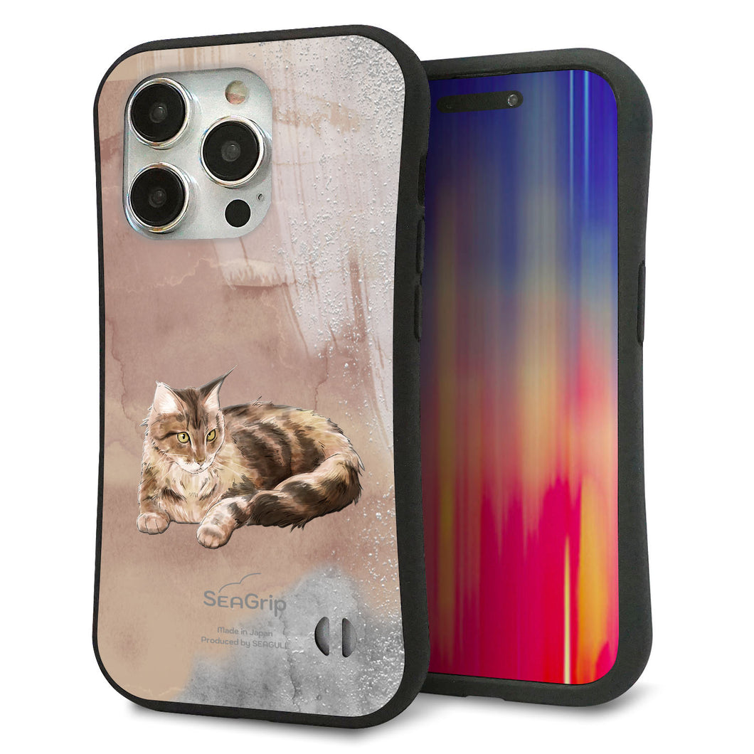 iPhone 15 Pro スマホケース 「SEA Grip」 グリップケース Sライン 【HA173 メインクーン+くすみカラー】 UV印刷