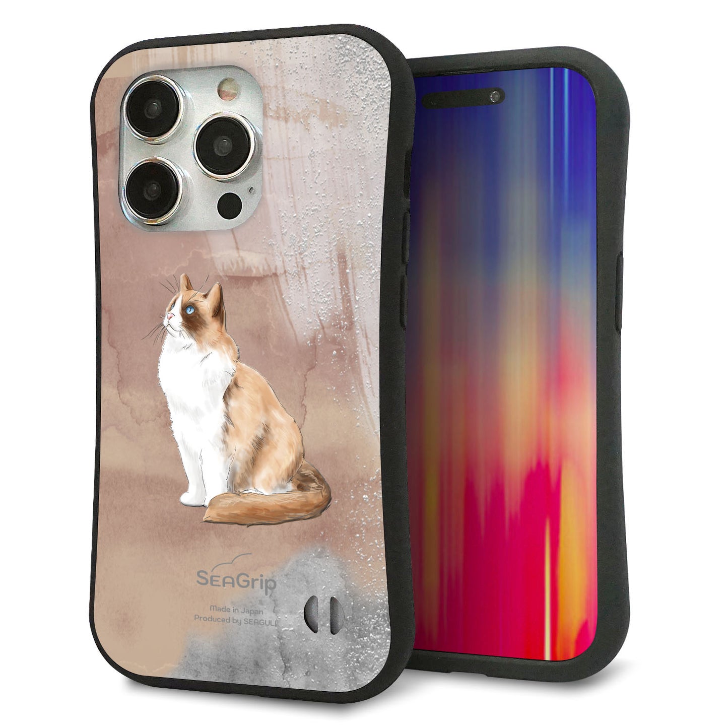 iPhone 15 Pro スマホケース 「SEA Grip」 グリップケース Sライン 【HA174 ラグドール+くすみカラー】 UV印刷