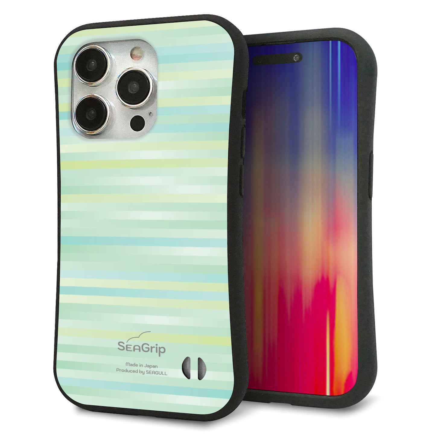 iPhone 15 Pro スマホケース 「SEA Grip」 グリップケース Sライン 【IB908 グラデーションボーダー_グリーン】 UV印刷