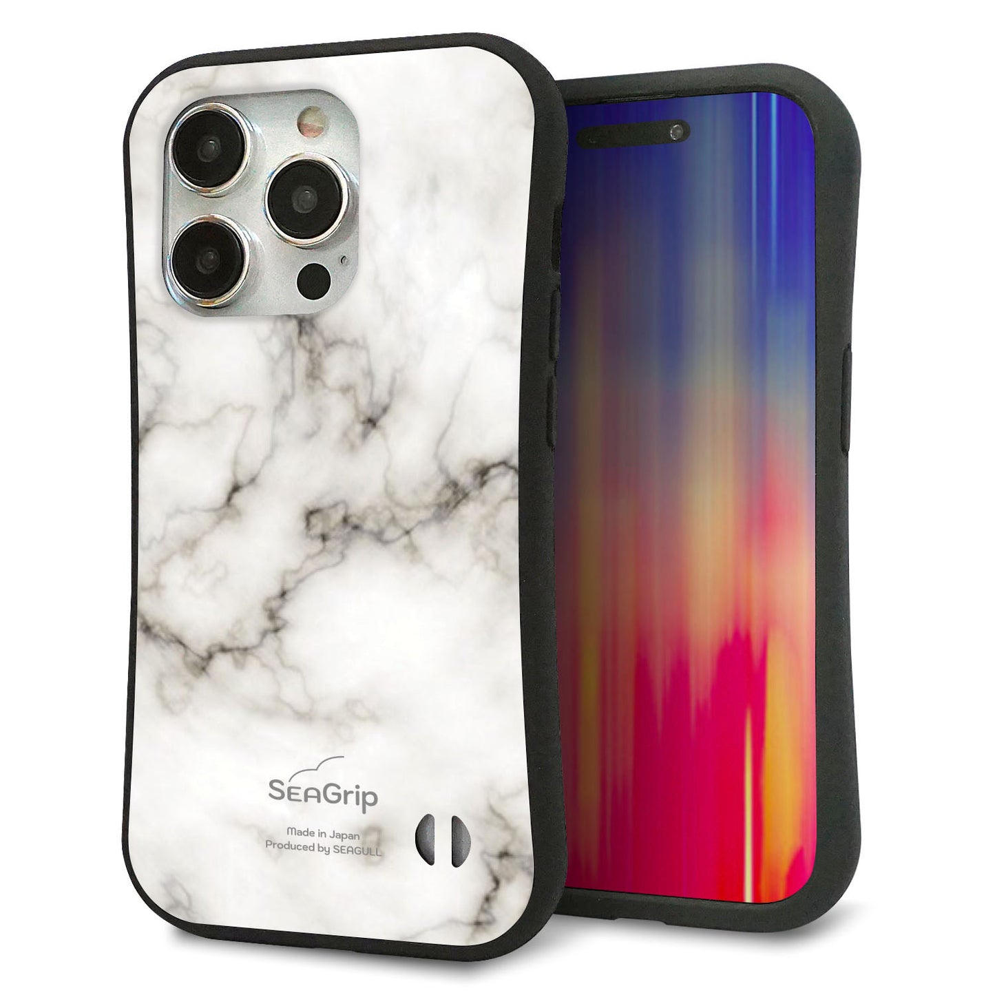 iPhone 15 Pro スマホケース 「SEA Grip」 グリップケース Sライン 【KM871 大理石WH】 UV印刷