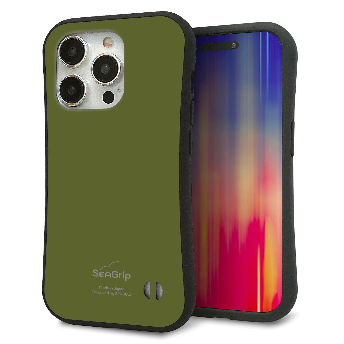 iPhone 15 Pro スマホケース 「SEA Grip」 グリップケース Sライン 【KM916 レトロカラー(カーキ)】 UV印刷