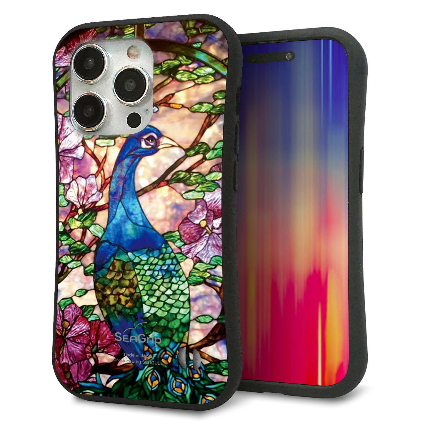 iPhone 15 Pro スマホケース 「SEA Grip」 グリップケース Sライン 【MA996 ステンドグラス クジャク】 UV印刷