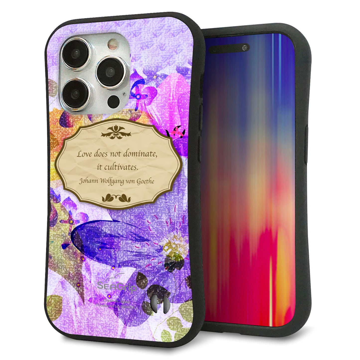iPhone 15 Pro スマホケース 「SEA Grip」 グリップケース Sライン 【SC863 リバティプリント フラワーエンブレム（パープル）】 UV印刷