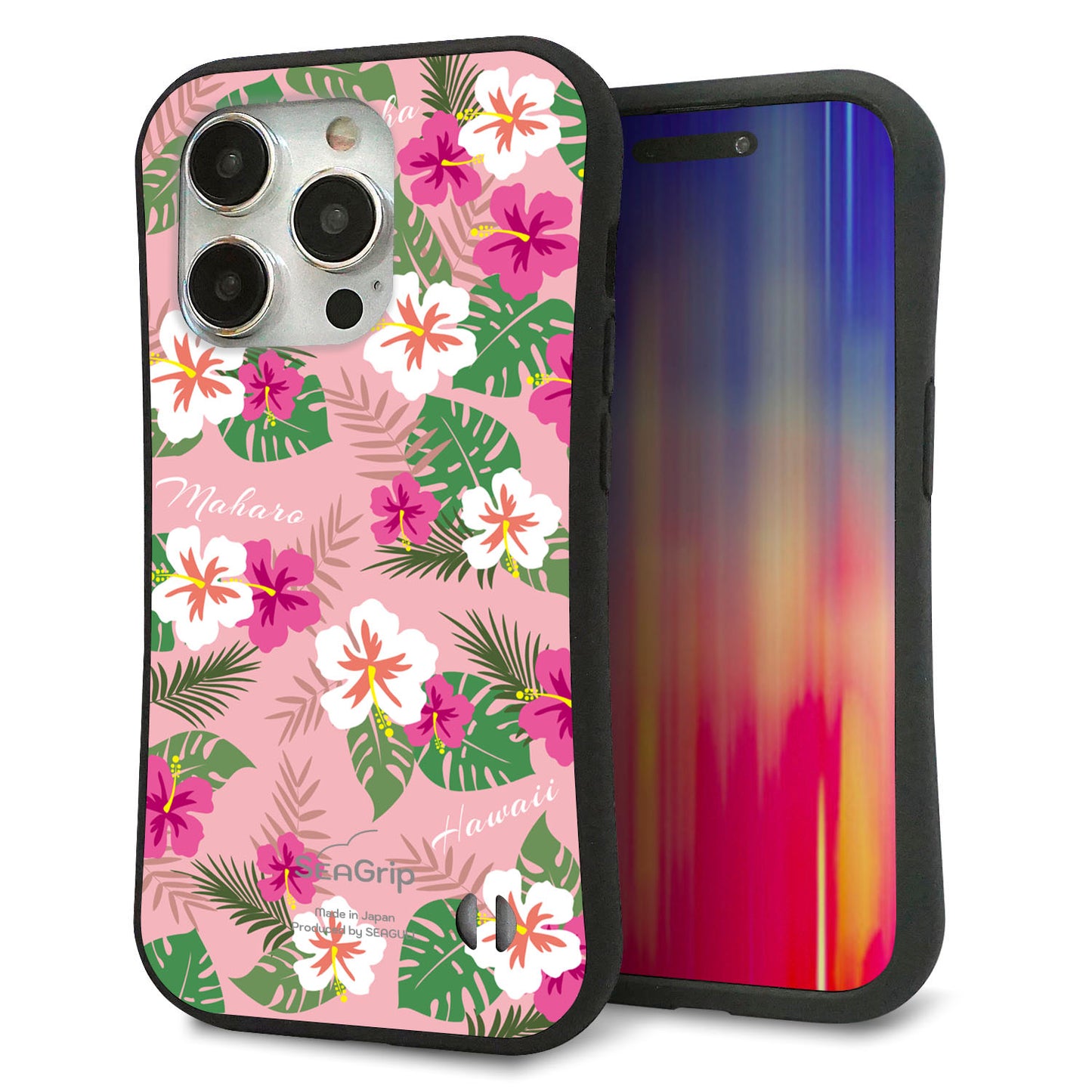 iPhone 15 Pro スマホケース 「SEA Grip」 グリップケース Sライン 【SC882 ハワイアンアロハレトロ（ピンク）】 UV印刷