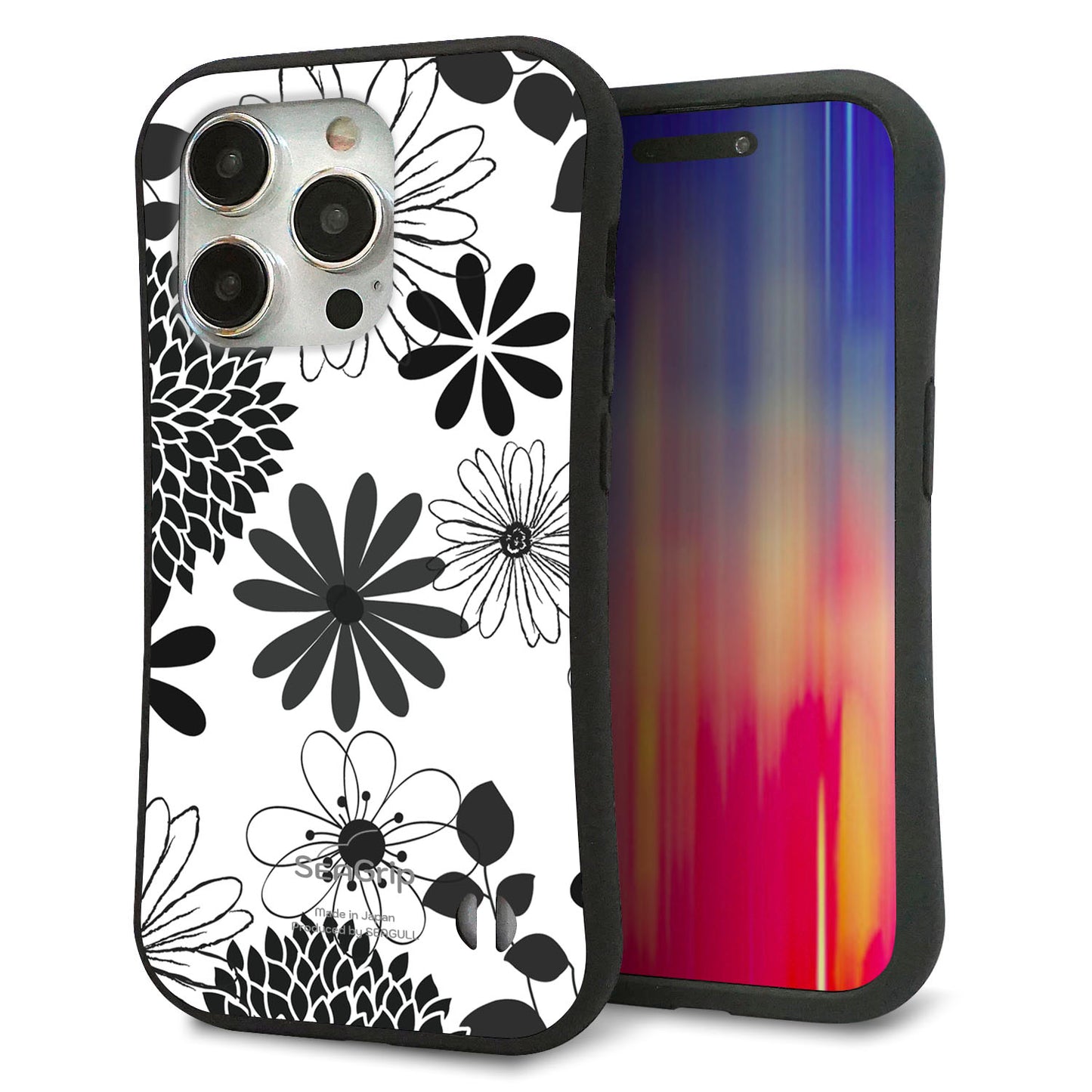 iPhone 15 Pro スマホケース 「SEA Grip」 グリップケース Sライン 【SC912 花柄モノトーン 01】 UV印刷