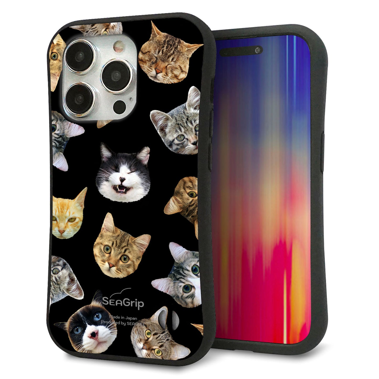 iPhone 15 Pro スマホケース 「SEA Grip」 グリップケース Sライン 【SC933 ねこどっと（ブラック）】 UV印刷