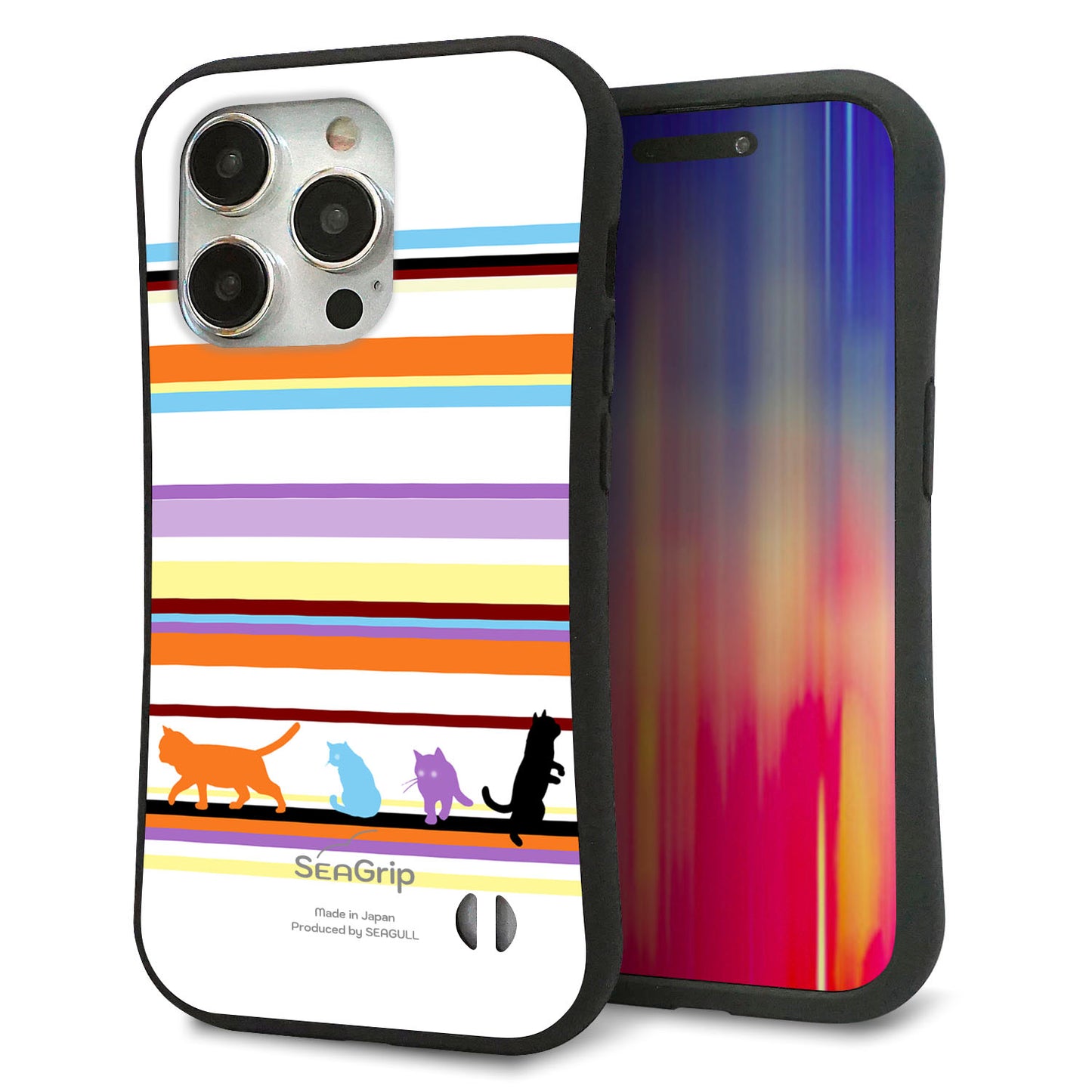 iPhone 15 Pro スマホケース 「SEA Grip」 グリップケース Sライン 【YA887 ストライプネコ01】 UV印刷