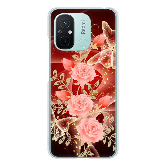 Xiaomi Redmi 12C VA824 魅惑の蝶とピンクのバラ ハードケース 背面印刷