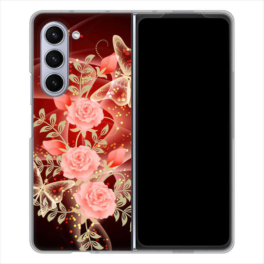 Galaxy Z Fold5 SCG22 au VA824 魅惑の蝶とピンクのバラ ハードケース 背面印刷