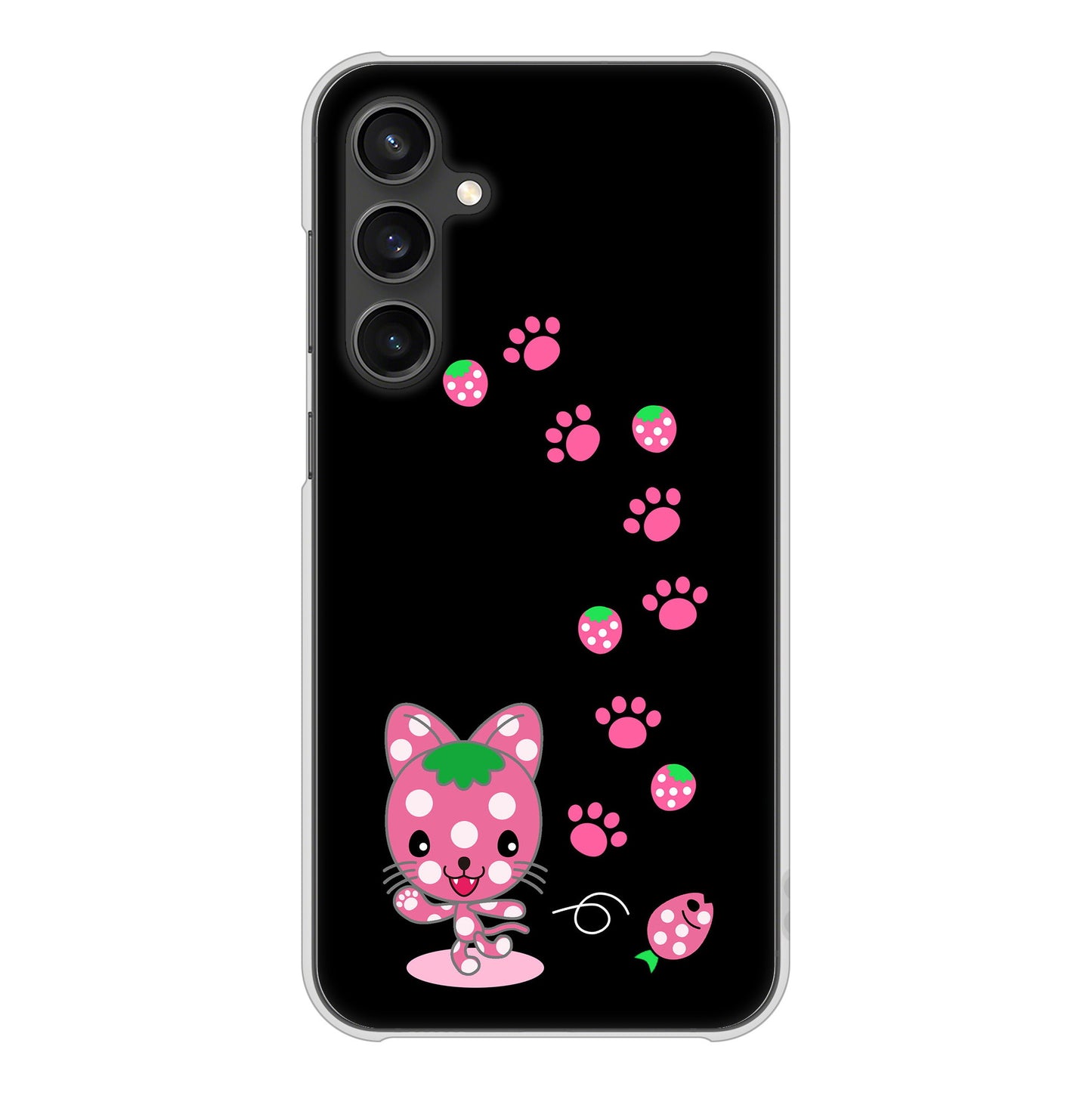 Galaxy S23 FE SCG24 au 高画質仕上げ 背面印刷 ハードケースむかいあぐる イチゴ猫のにゃんベリー